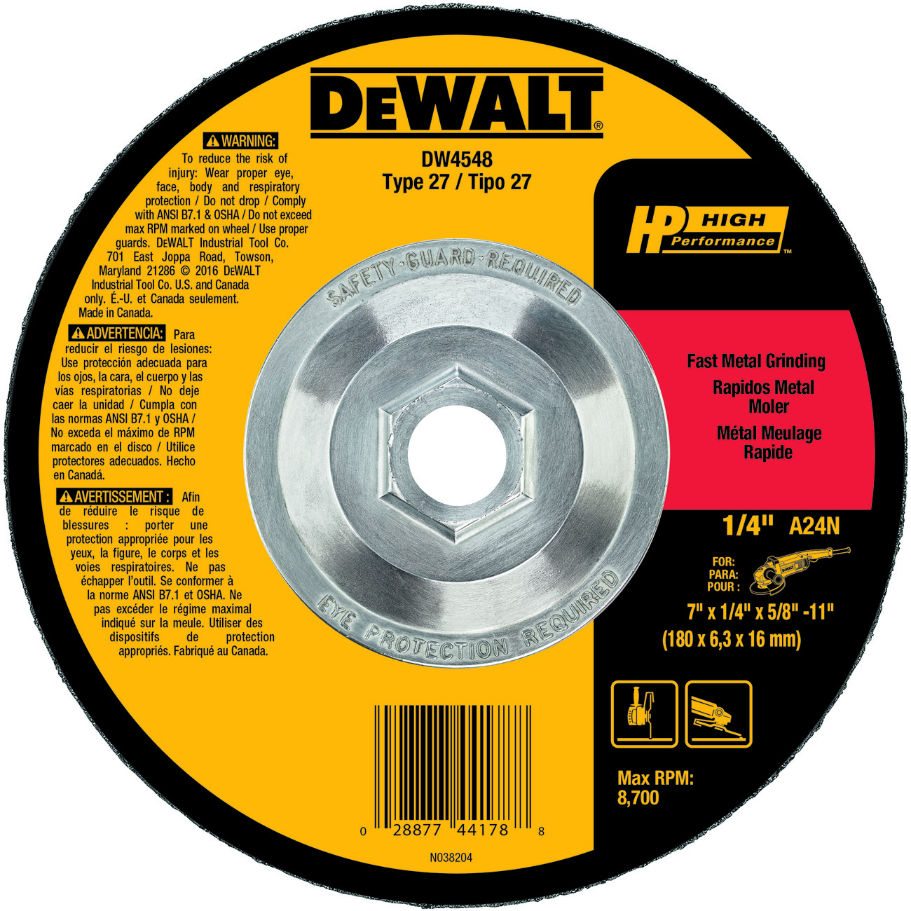 DeWALT® High Performance™ Guaranteed Tough® DW4548 Flat Depressed Center Grinding Wheel, 7 in Dia x 1/4 in THK, 24 Grit, Aluminum Oxide Abrasive
