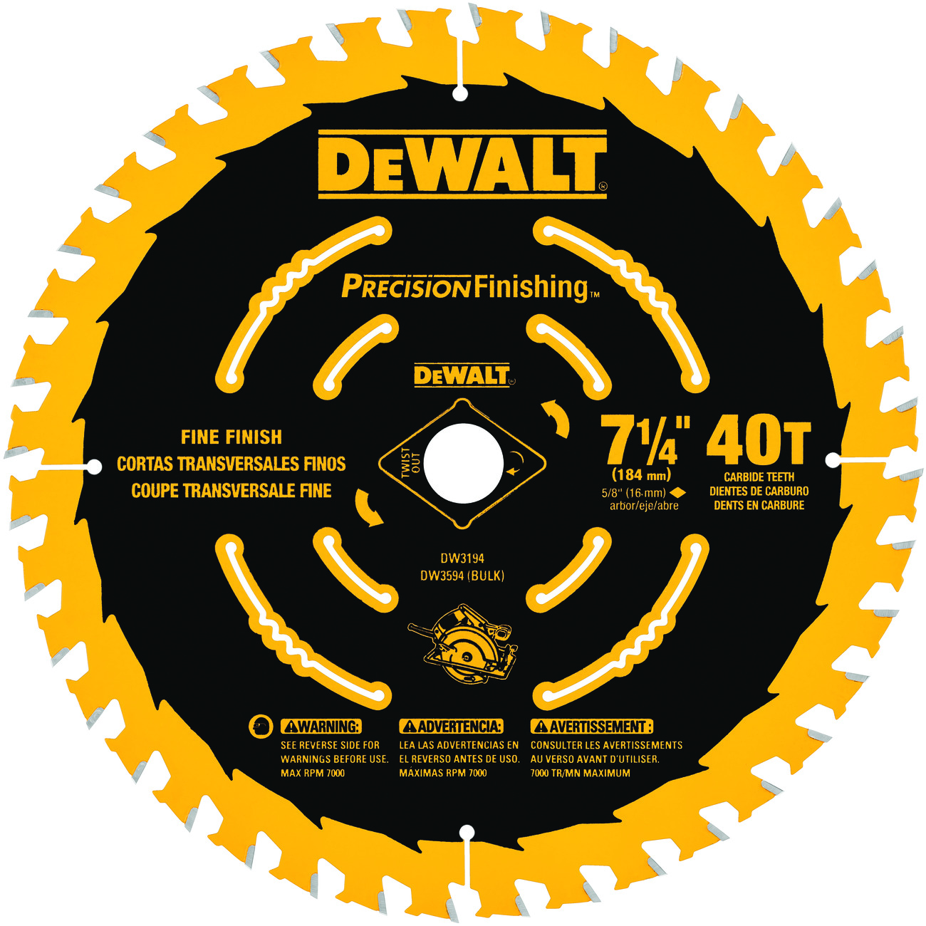 DeWALT® Precision Framing™ DW3194 Single Precision Thin Kerf Circular Saw Blade, 7-1/4 in Dia x 0.039 in THK, Carbide Blade, 40 Teeth