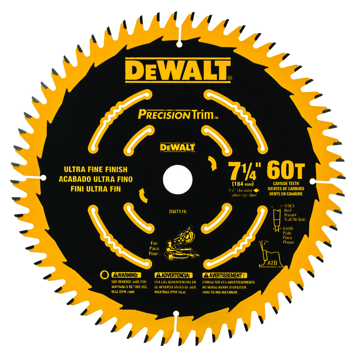 DeWALT® Precision Trim™ DW7116PT Circular Saw Blade, 7-1/4 in Dia, 5/8 in Arbor, Steel Blade, 60 Teeth