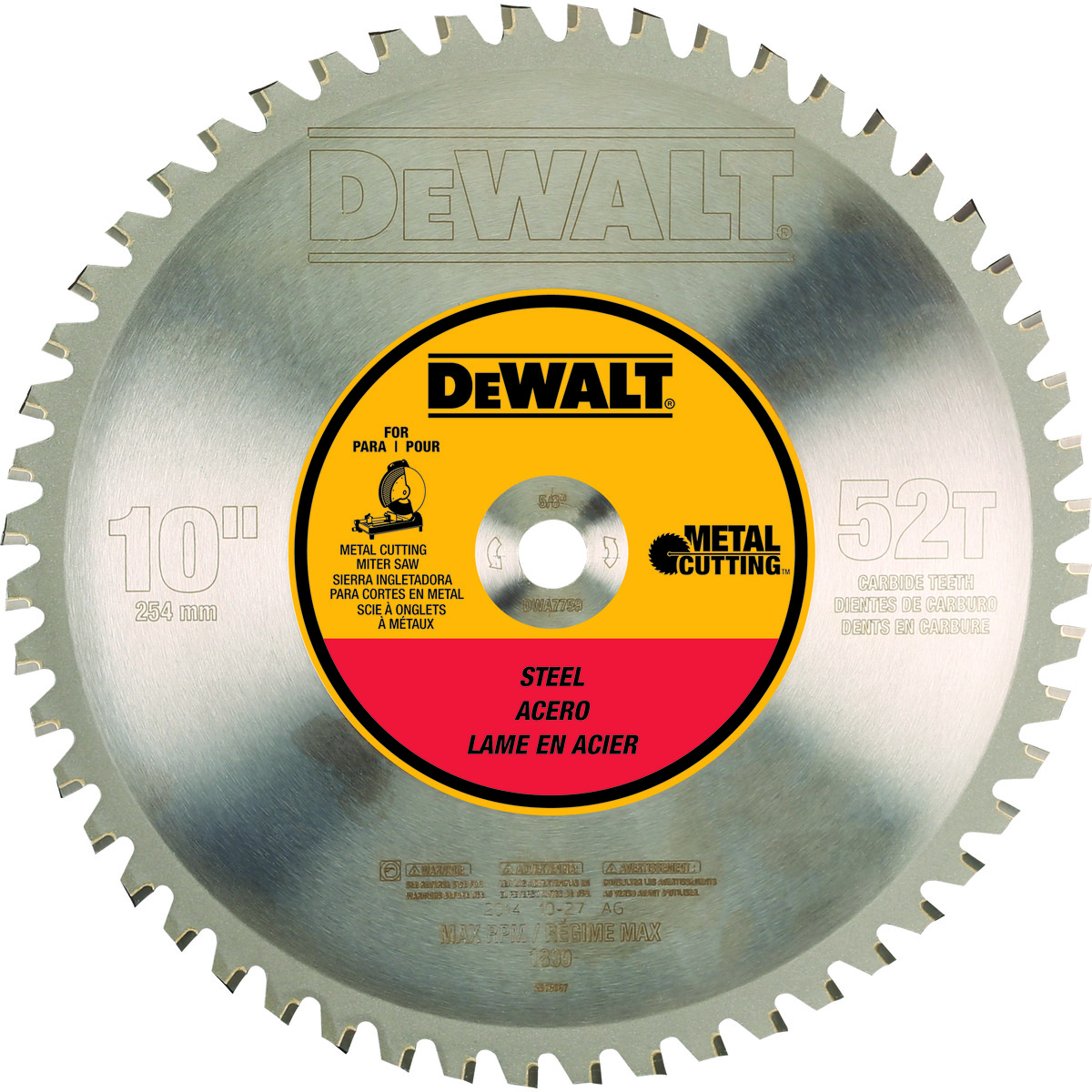 DeWALT® DWA7759 General Purpose Circular Saw Blade, 10 in Dia x 0.77 in THK, 5/8 in Arbor, Steel Blade, 52 Teeth