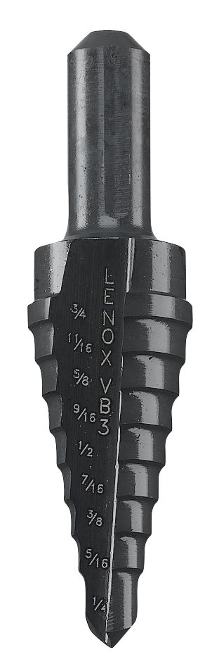Lenox® 30883VB3 Step Drill Bit, 1/4 in Dia Min Hole, 3/4 in Dia Max Hole, 9 Steps, HSS, 9 Hole Sizes, 3/8 in Shank