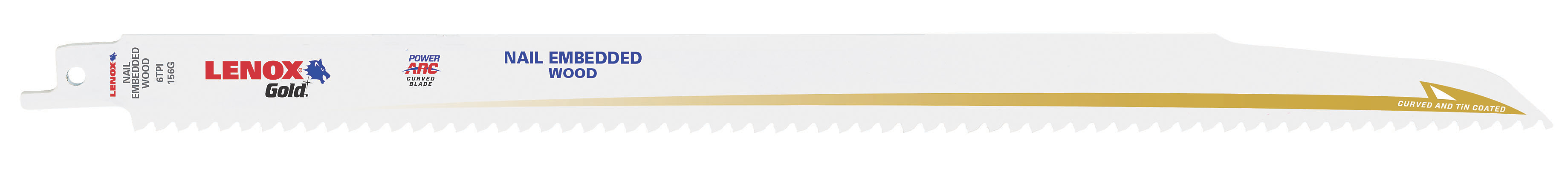 Lenox® Gold® Lazer® 21061156GR Power Arc Curved Reciprocating Saw Blade, 12 in L x 3/4 in W, 6 TPI, Steel Body, Universal/Toothed Edge Tang
