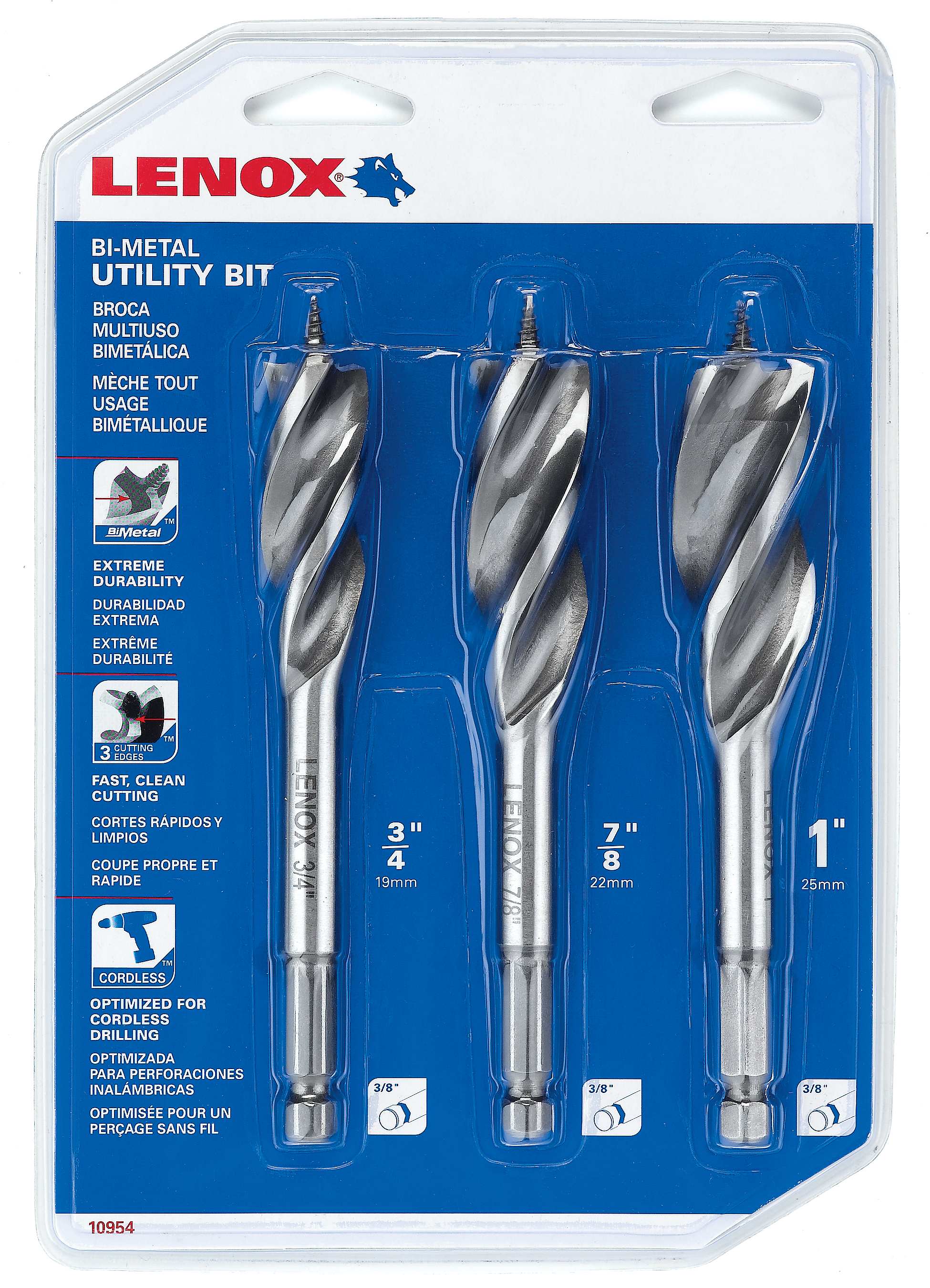 Lenox® 10954300S Utility Drill Bit Kit, 3/4 in Min Drill Bit, 1 in Max Drill Bit, 3 Pieces, HSS, Bright