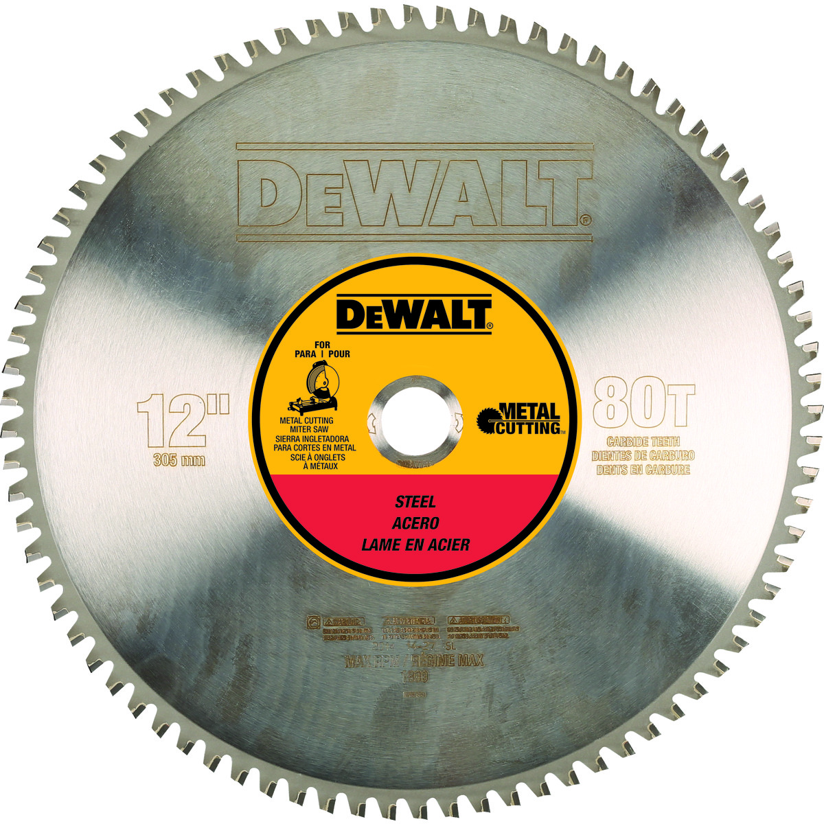 DeWALT® DWA7740 General Purpose Circular Saw Blade, 12 in Dia x 0.77 in THK, 1 in Arbor, Steel Blade, 80 Teeth