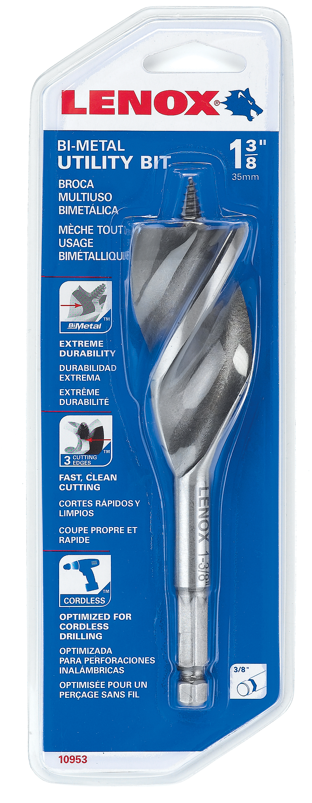 Lenox® 1095306A2216 Utility Wood Drill Bit, 1-3/8 in Dia, 6 in OAL, 3/8 in Shank