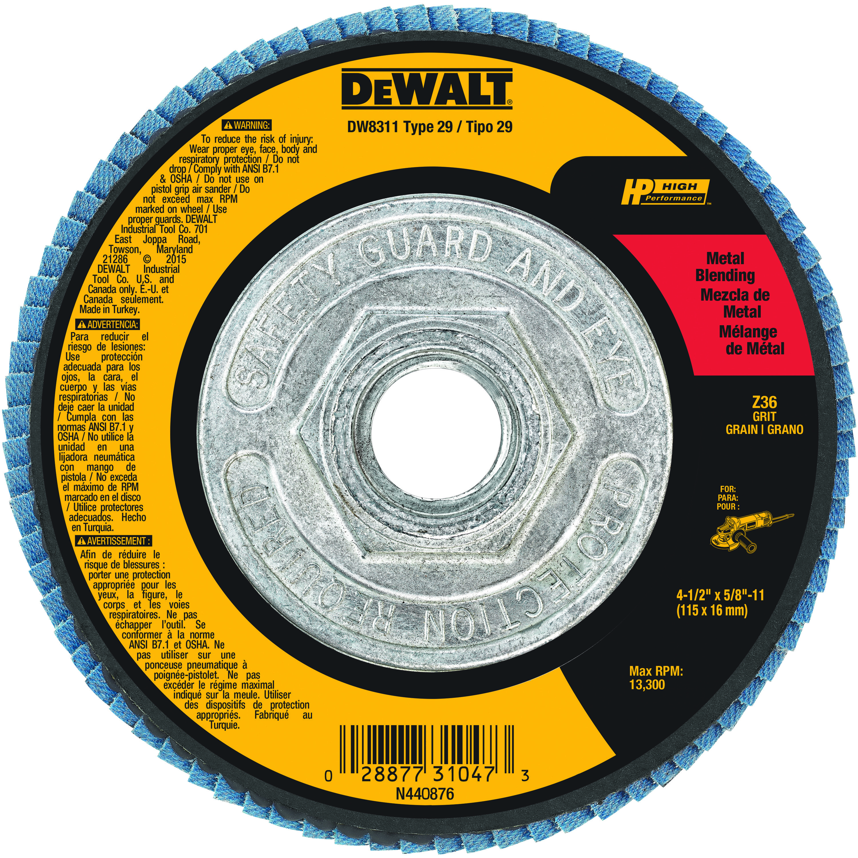 DeWALT® High Performance™ DW8311 Contaminant-Free Flap Disc, 4-1/2 in Dia Disc, 36 Grit, Coarse Grade, Zirconia Alumina Abrasive, Type 29 Disc