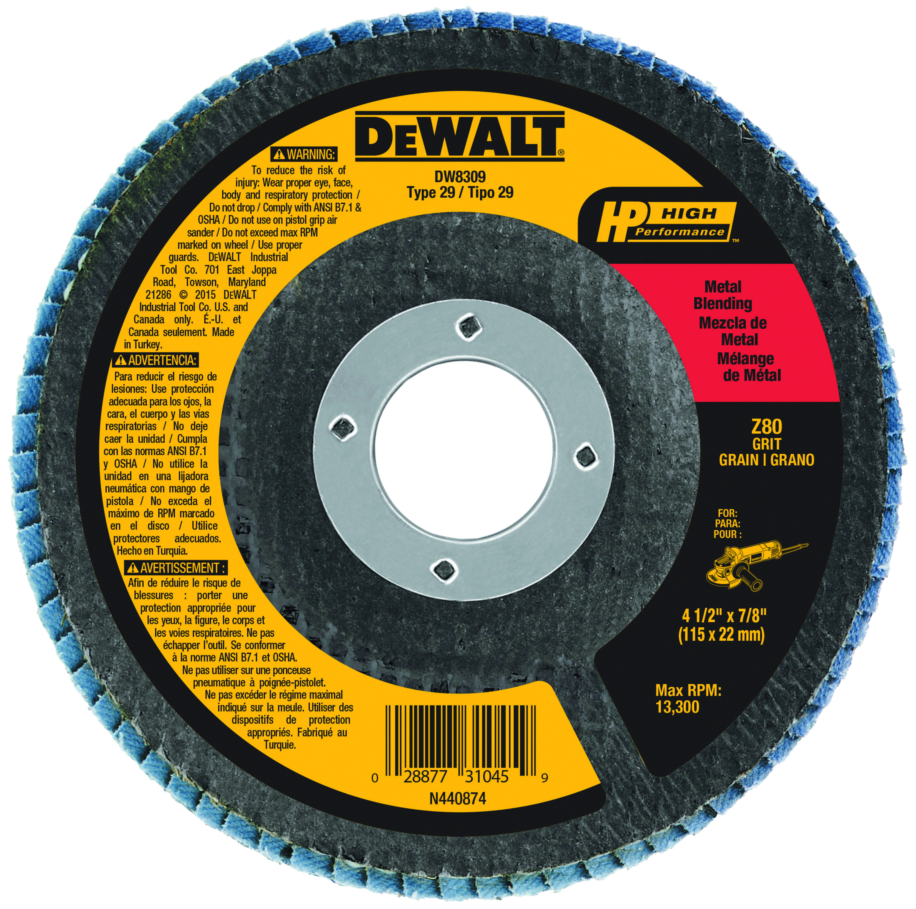 DeWALT® High Performance™ DW8309 Contaminant-Free Flap Disc, 4-1/2 in Dia Disc, 7/8 in Center Hole, 80 Grit, Medium Grade, Zirconia Alumina Abrasive, Type 29 Disc