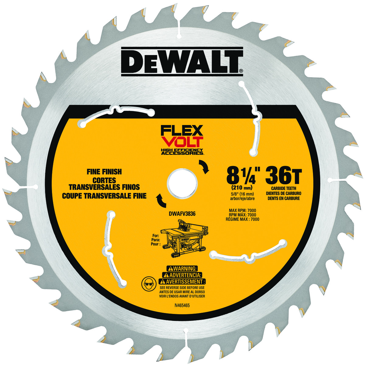 DeWALT® FLEXVOLT™ DWAFV3836 FLEXVOLT™ Table Saw Blade, 8-1/4 in Dia x 0.049 in THK, 5/8 in Arbor, Steel Blade, 36 Teeth
