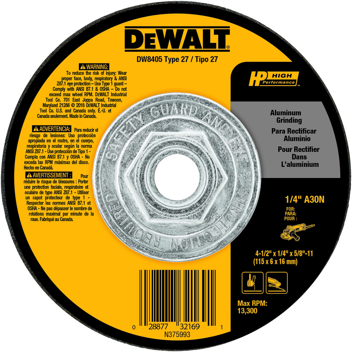 DeWALT® High Performance™ Guaranteed Tough® DW8405 Flat Depressed Center Grinding Wheel, 4-1/2 in Dia x 1/4 in THK, 30 Grit, Aluminum Oxide Abrasive