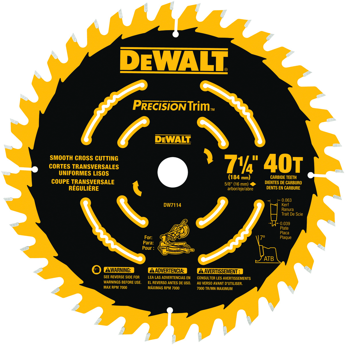DeWALT® DW7114PT Circular Saw Blade, 7-1/4 in Dia, 5/8 in Arbor, Steel Blade, 40 Teeth