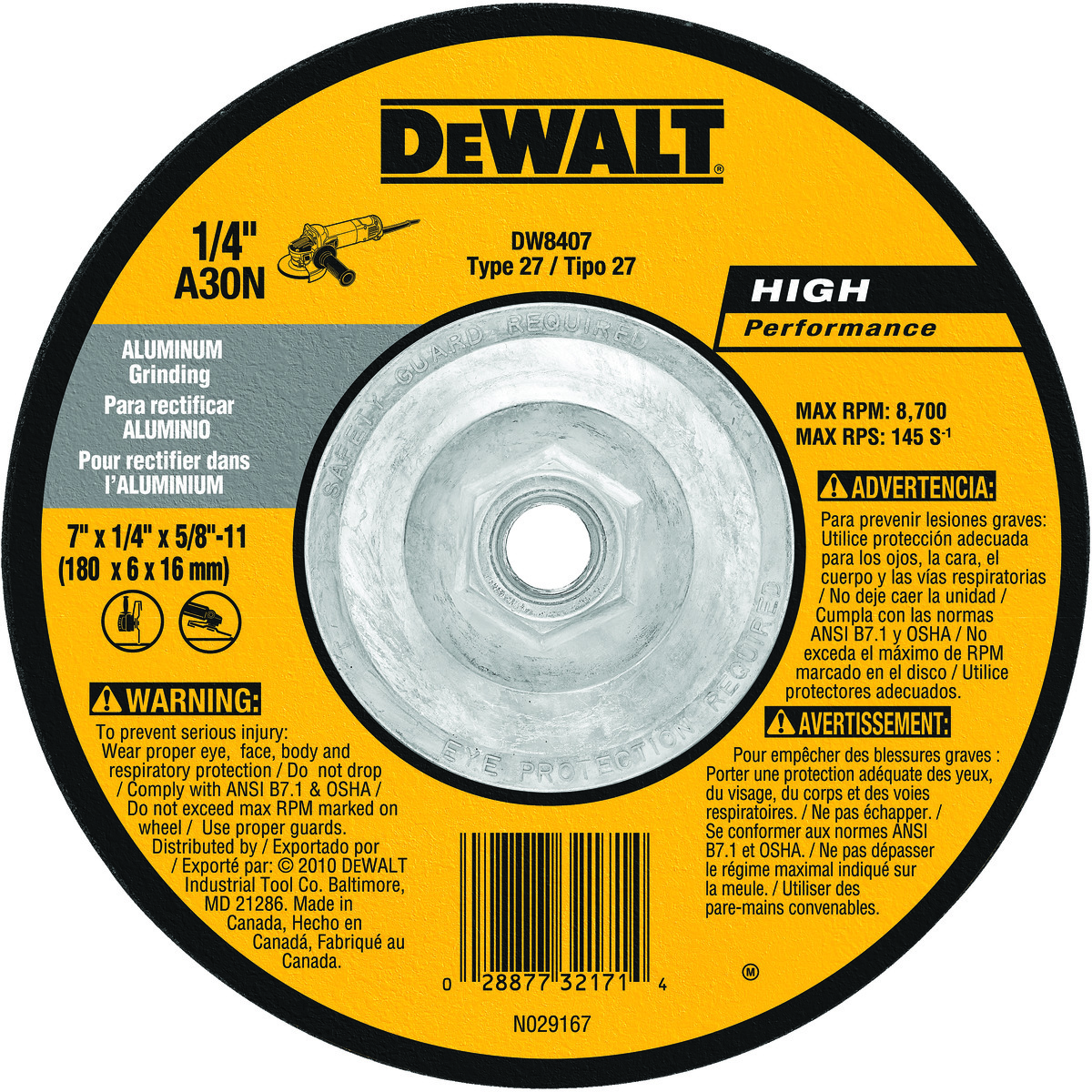 DeWALT® High Performance™ Guaranteed Tough® DW8407 Flat Depressed Center Grinding Wheel, 7 in Dia x 1/4 in THK, 30 Grit, Aluminum Oxide Abrasive