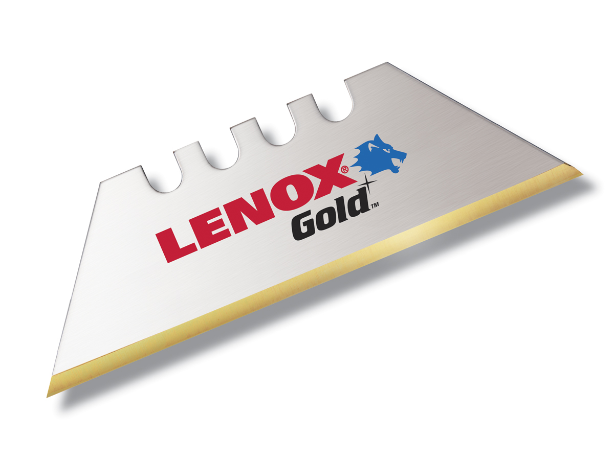 Lenox® Gold® 20350GOLD5C General Purpose Utility Knife Blade With Dispenser, HSS, Sharp Point/Straight Edge, 1 in L x 3/4 in W Blade, Compatible With: 2DZJ5 Utility Knives, 0.024 in THK