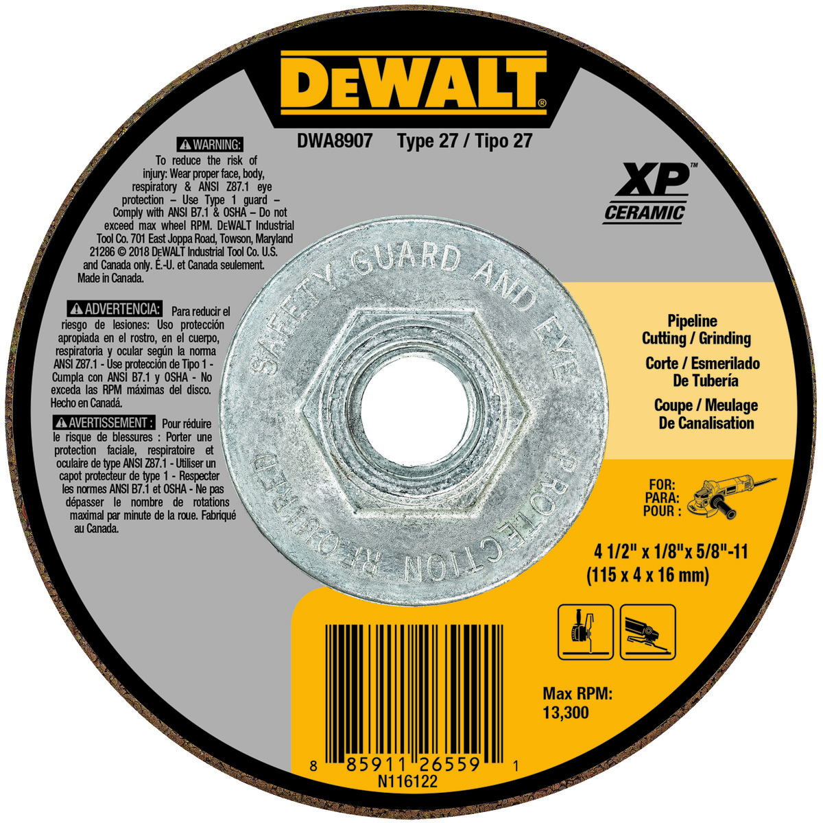 DeWALT® XP® DWA8907 Depressed Center Wheel, 4-1/2 in Dia x 1/8 in THK, SG24N Grit, Ceramic Abrasive