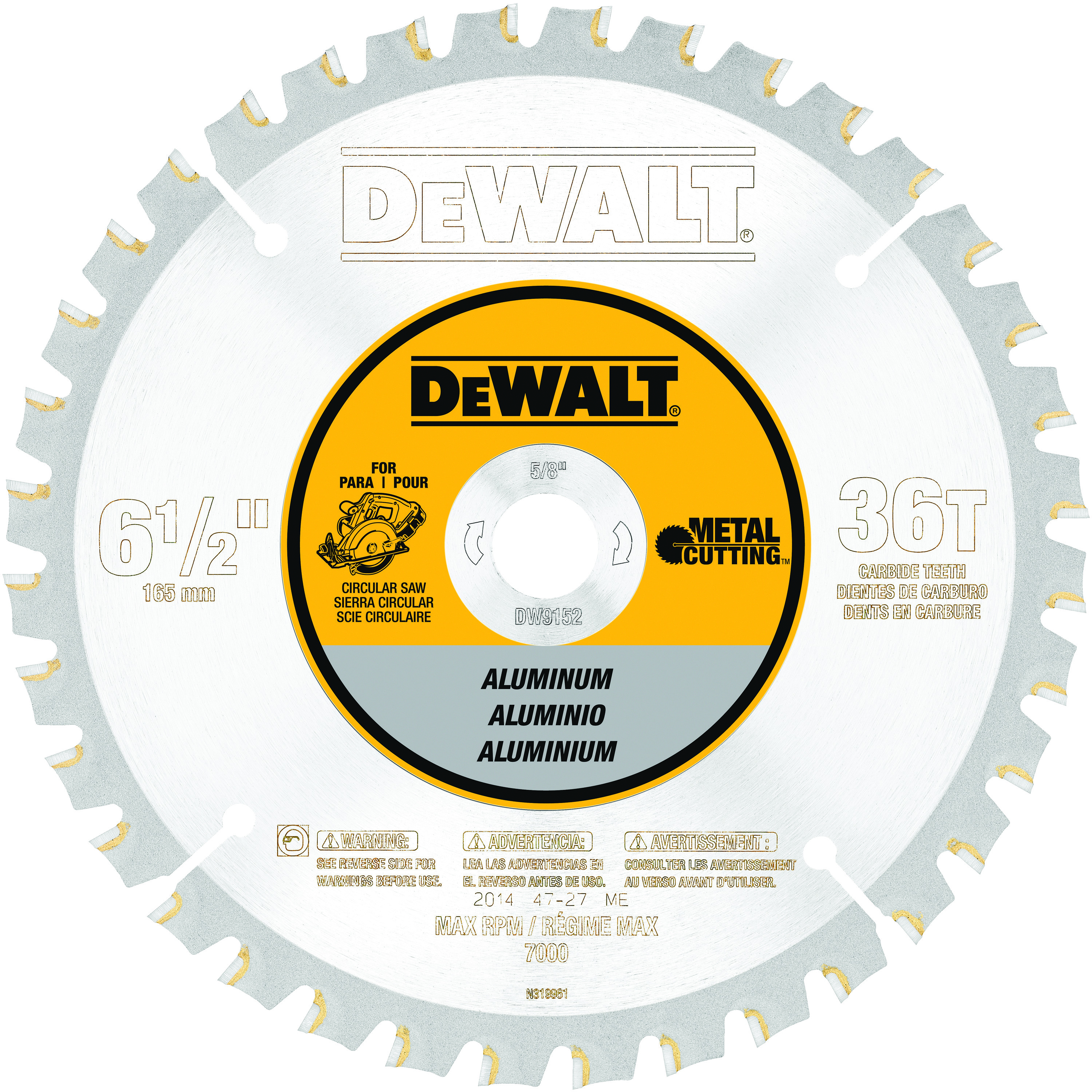 DeWALT® DW9152 Circular Saw Blade, 6-1/2 in Dia x 0.039 in THK, 5/8 in Arbor, Carbide Blade, 36 Teeth