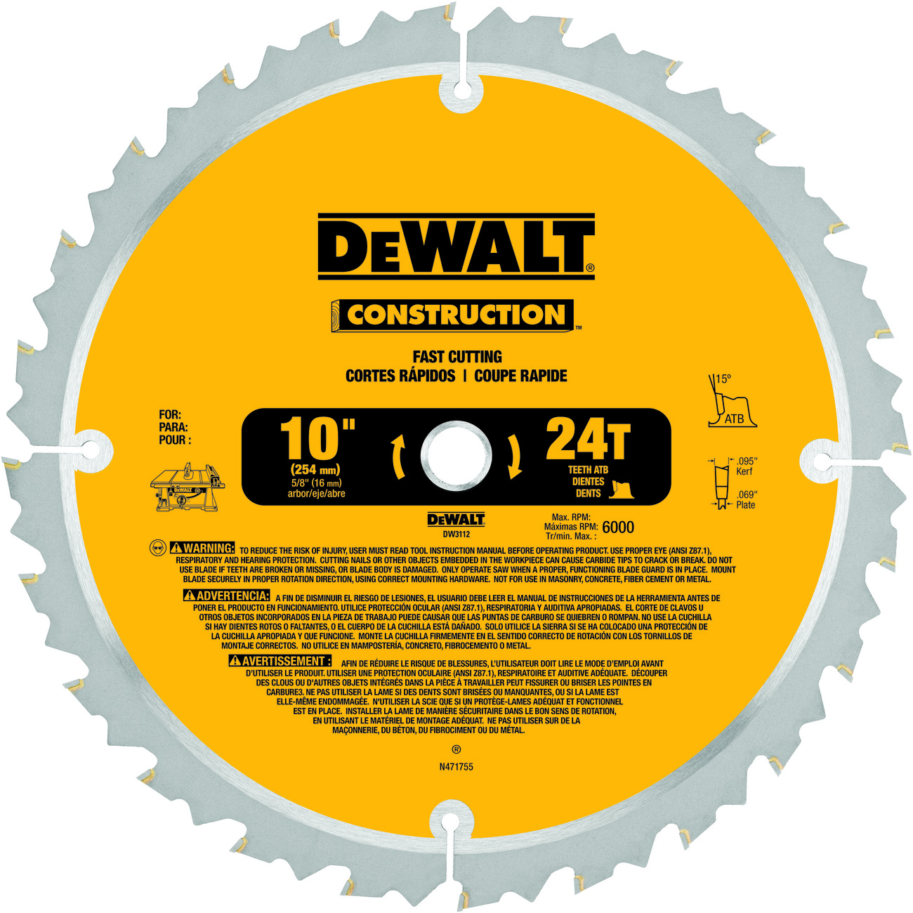 DeWALT® DW3112 Fast Ripping Thin Kerf Circular Saw Blade, 10 in Dia x 0.069 in THK, 5/8 in Arbor, Carbide Blade, 24 Teeth