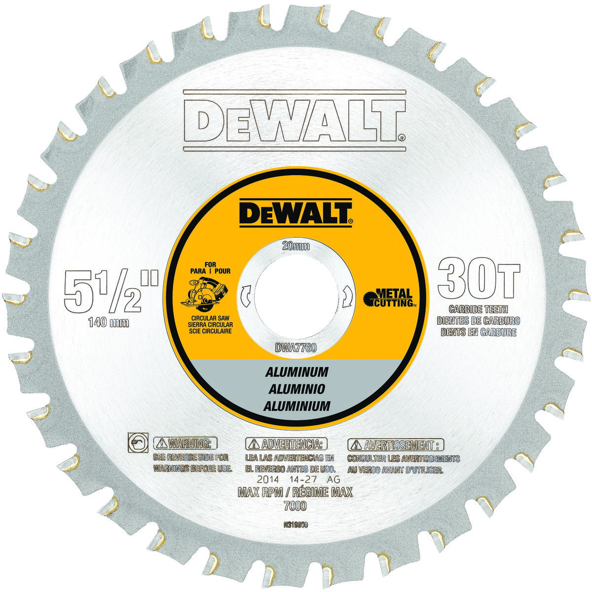 DeWALT® DWA7760 General Purpose Heavy Duty Circular Saw Blade, 5-1/2 in Dia x 0.039 in THK, 5/8 in Arbor, Steel Blade, 30 Teeth