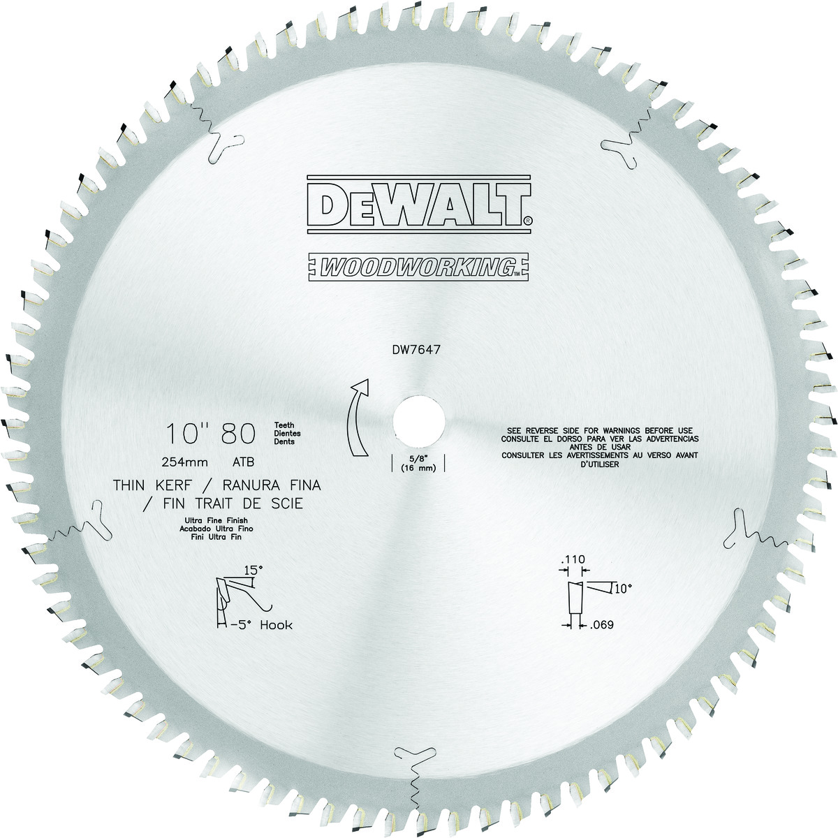 DeWALT® DW7647 Thin Kerf Ultra Fine Circular Saw Blade, 10 in Dia x 0.069 in THK, Steel Blade, 80 Teeth
