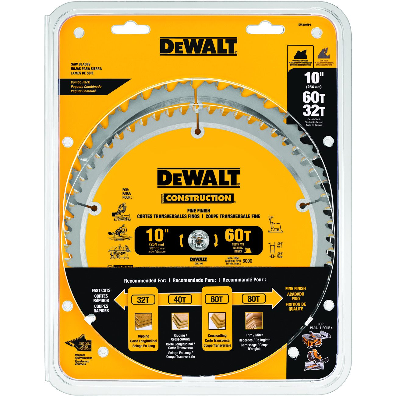 DeWALT® Guaranteed Tough® DW3106P5 Combo Large Diameter Thin Kerf Circular Saw Blade, 10 in Dia x 0.069 in THK, 5/8 in Arbor, Carbide Blade, 32/60 Teeth