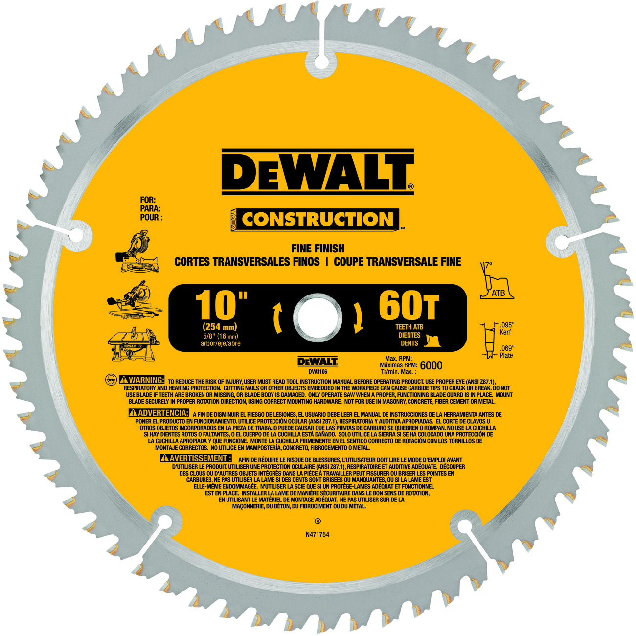 DeWALT® Guaranteed Tough® DW3106 Large Diameter Thin Kerf Circular Saw Blade, 10 in Dia x 0.069 in THK, 5/8 in Arbor, Carbide Blade, 60 Teeth