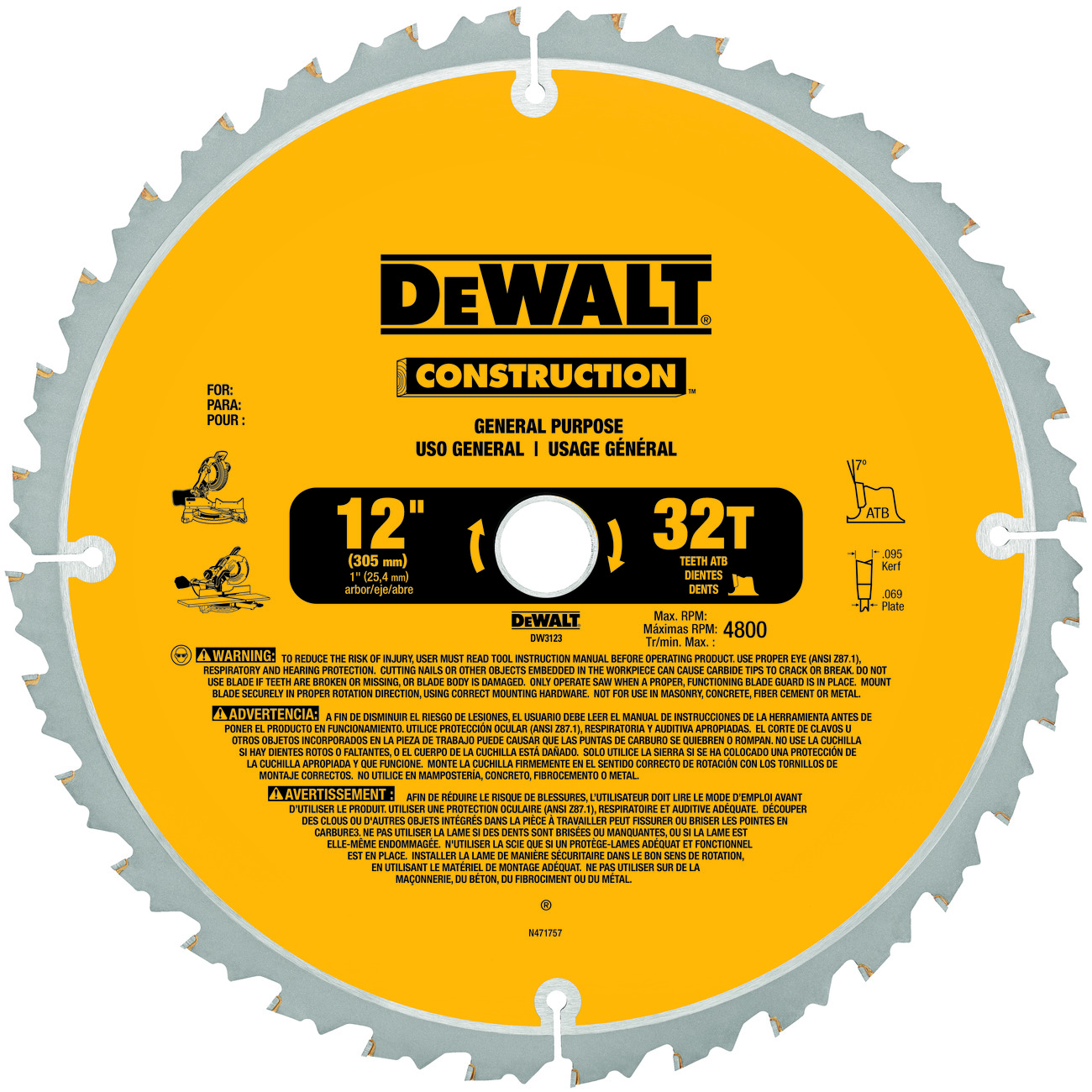DeWALT® Guaranteed Tough® DW3123 Large Diameter Thin Kerf Circular Saw Blade, 12 in Dia x 0.069 in THK, 1 in Arbor, Carbide Blade, 32 Teeth