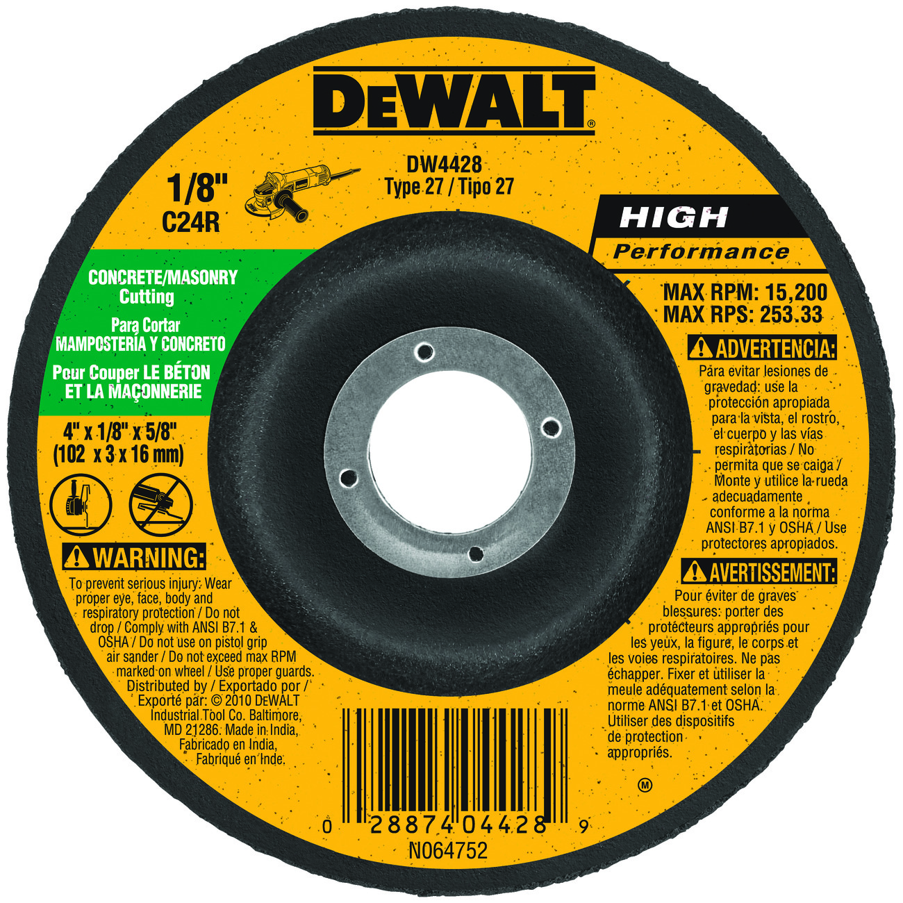 DeWALT® High Performance™ Guaranteed Tough® DW4428 Flat Depressed Center Cutting Wheel, 4 in Dia x 1/8 in THK, 5/8 in Center Hole, 24 Grit, Silicon Carbide Abrasive