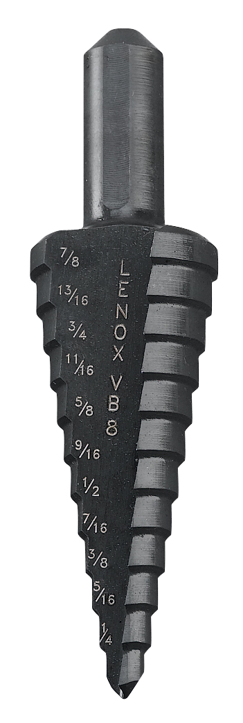 Lenox® Vari-Bit® 30908VB8 Step Drill Bit, 3/16 in Dia Min Hole, 7/8 in Dia Max Hole, 12 Steps, HSS, 12 Hole Sizes, 3/8 in Shank