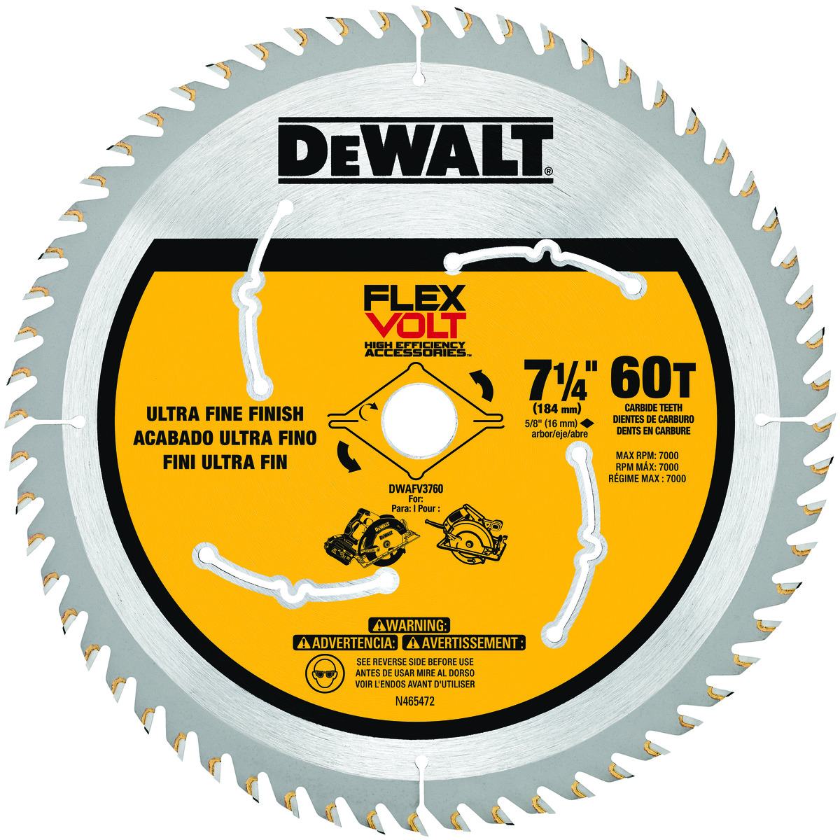 DeWALT® DWAFV3760 FLEXVOLT™ Circular Saw Blade, 7-1/4 in Dia x 0.039 in THK, 5/8 in Arbor, 60 Teeth