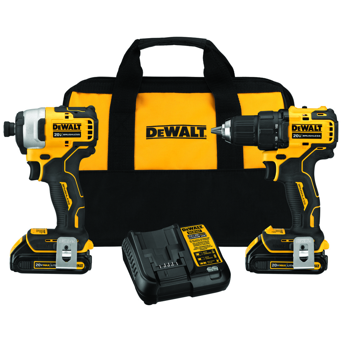 DeWALT® DCK278C2 ATOMIC Brushless Cordless Combination Kit, Tools: ATOMIC Compact Drill/Driver and ATOMIC Compact 1/4 in Impact Driver, 20 VDC, Lithium-Ion Li-Ion Battery, 1 hr Time to Charge