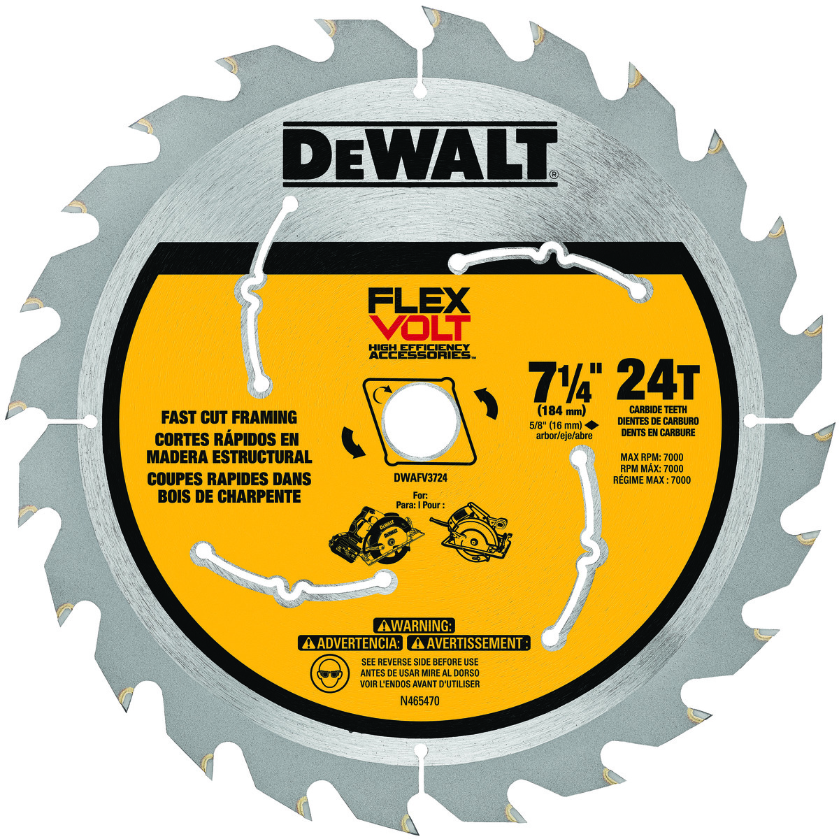 DeWALT® DWAFV3724 FLEXVOLT™ Circular Saw Blade, 7-1/4 in Dia x 0.039 in THK, 5/8 in Arbor, 24 Teeth