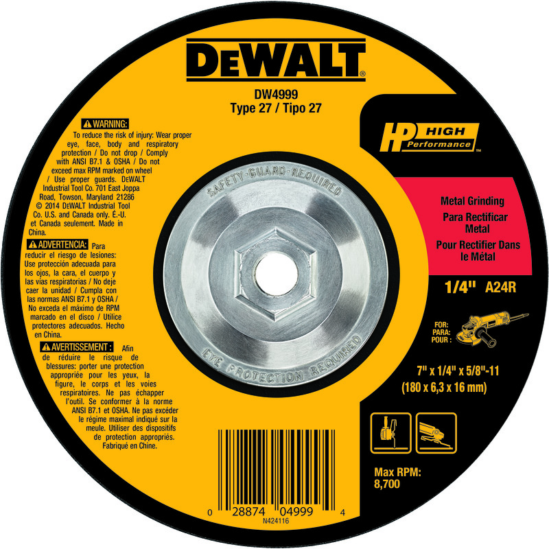 DeWALT® High Performance™ Guaranteed Tough® DW4999 Flat Depressed Center Grinding Wheel, 7 in Dia x 1/4 in THK, 24 Grit, Aluminum Oxide Abrasive