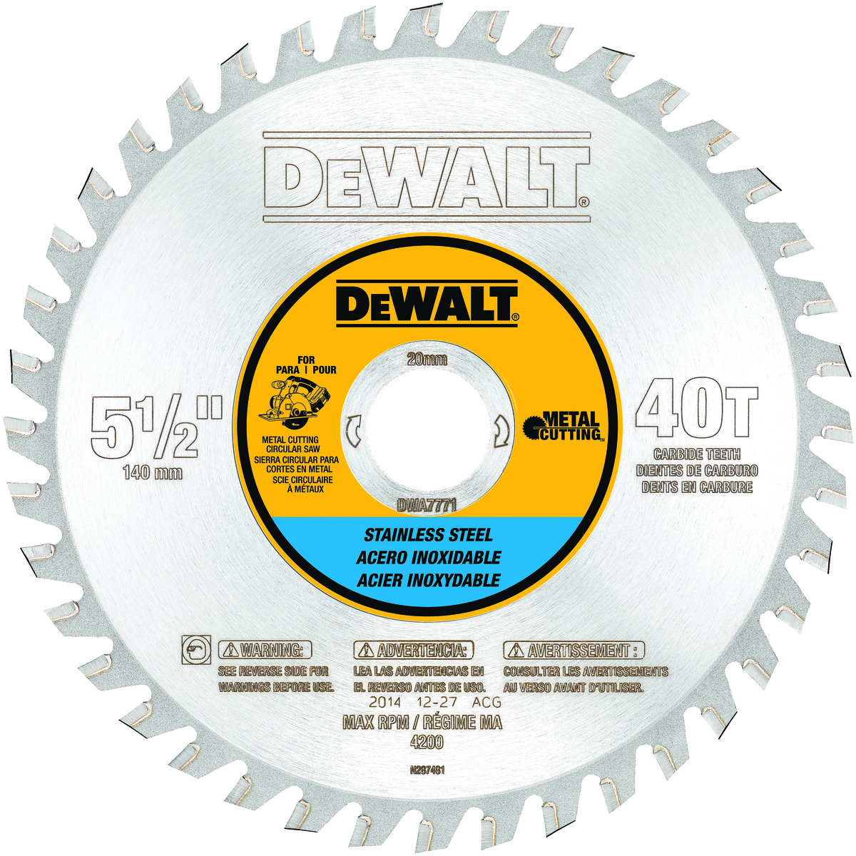DeWALT® DWA7771 General Purpose Circular Saw Blade, 5-1/2 in Dia x 0.044 in THK, 20 mm Arbor, Steel Blade, 40 Teeth