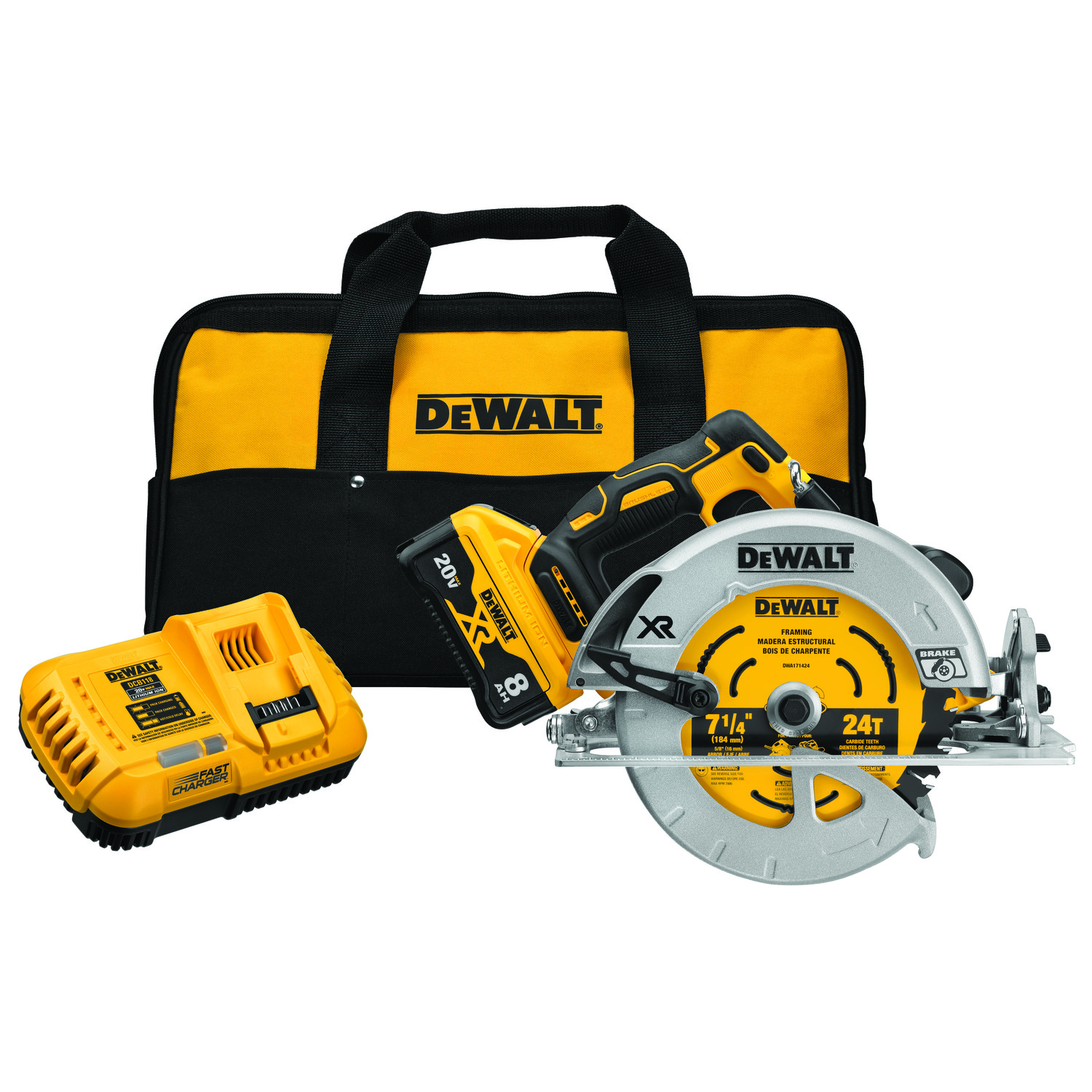 DeWALT® DCS574W1 Brushless Cordless Circular Saw Kit With POWER DETECT™ Tool Technology, 7-1/4 in Blade, 5/8 in Arbor/Shank, 20 VDC, 2 in, 2-9/16 in D Cutting, Li-Ion Battery, Right Blade Side