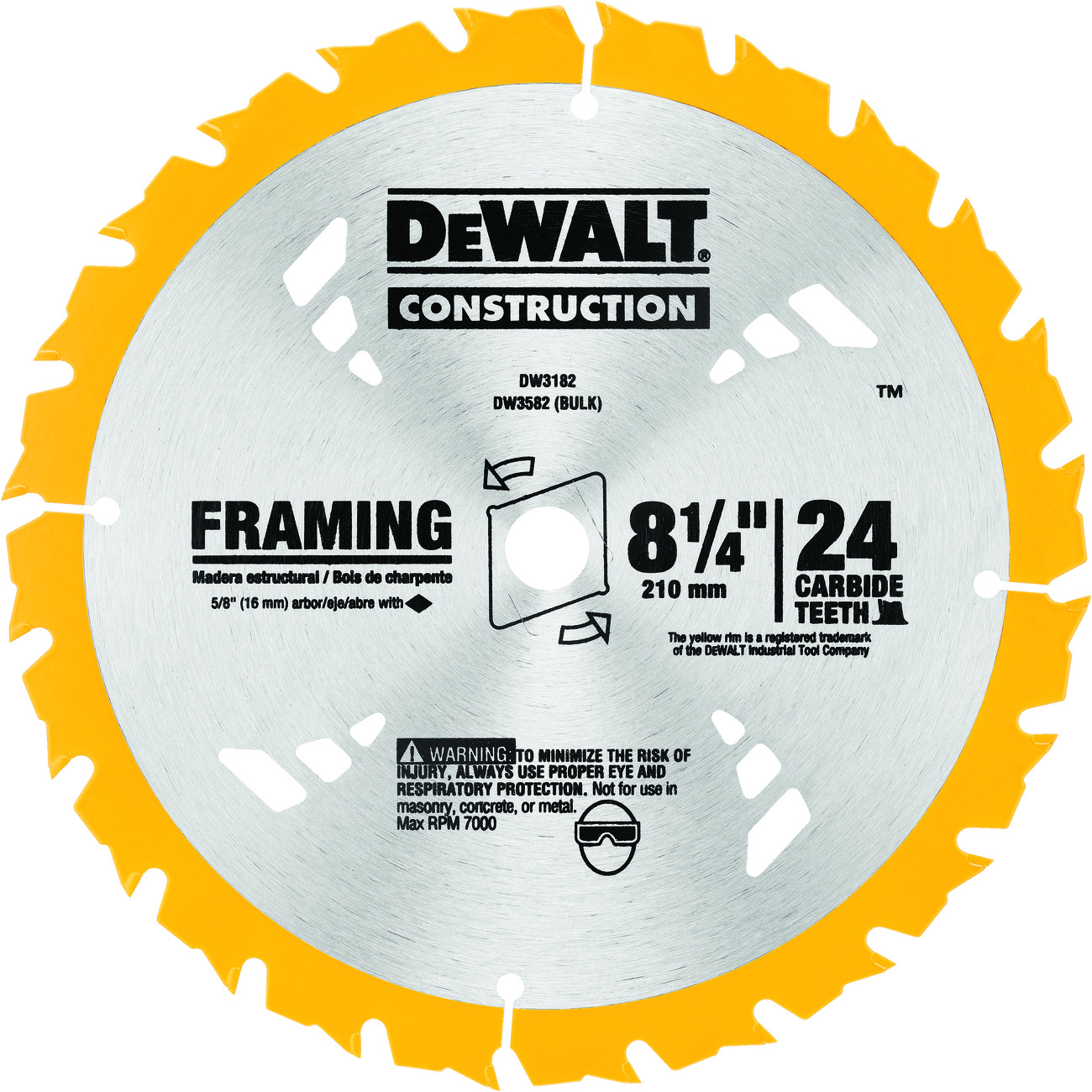 DeWALT® Guaranteed Tough® DW3182 Portable Small Diameter Thin Kerf Circular Saw Blade, 8-1/4 in Dia x 0.05 in THK, 5/8 in Arbor, Carbide Blade, 24 Teeth