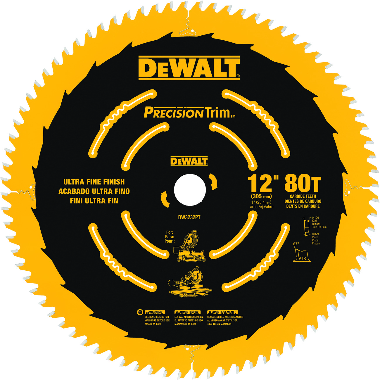 DeWALT® DW3232PT Circular Saw Blade, 12 in Dia x 0.079 in THK, 1 in Arbor, Carbide Blade, 80 Teeth