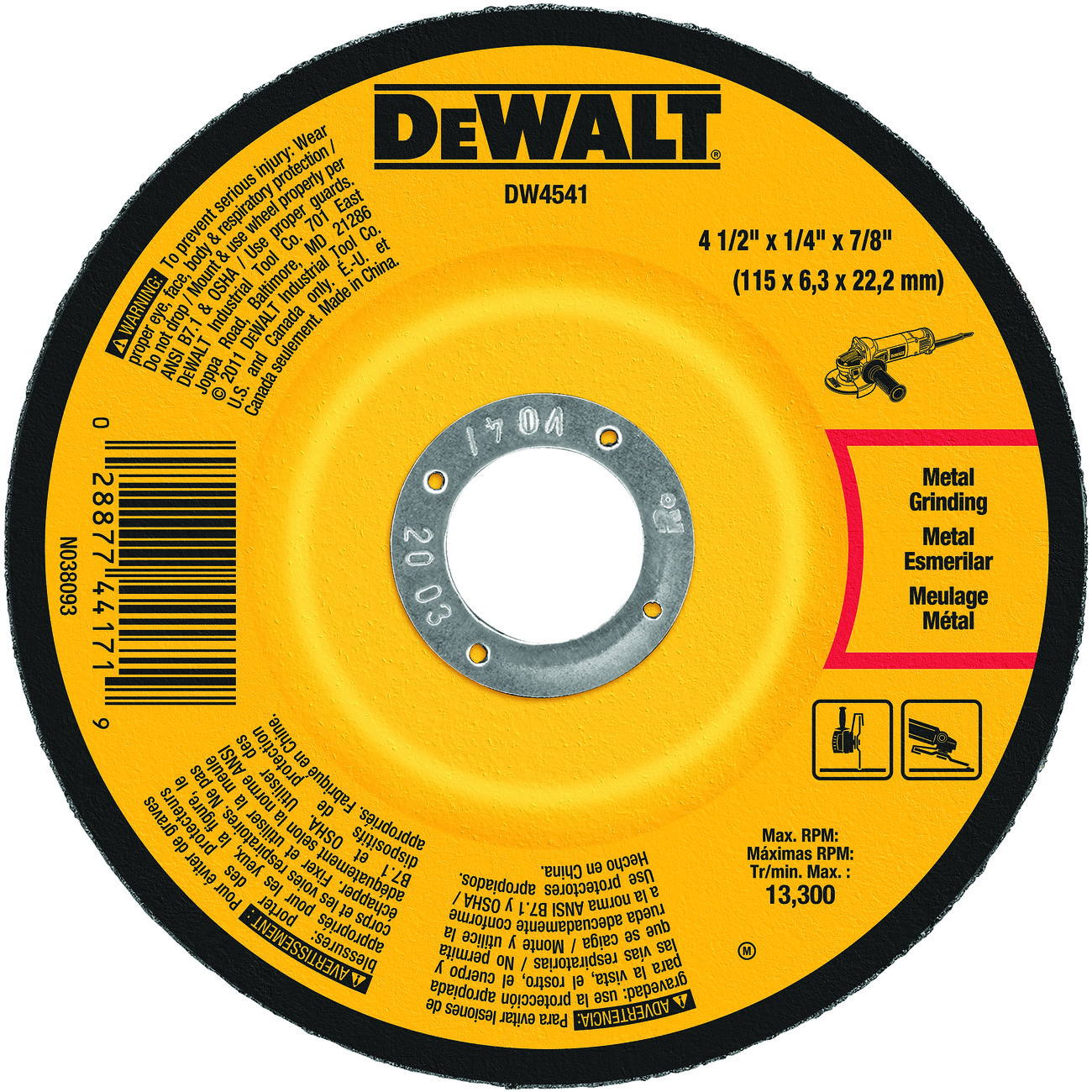 DeWALT® High Performance™ Guaranteed Tough® DW4541 Flat Depressed Center Grinding Wheel, 4-1/2 in Dia x 1/4 in THK, 7/8 in Center Hole, 24 Grit, Aluminum Oxide Abrasive