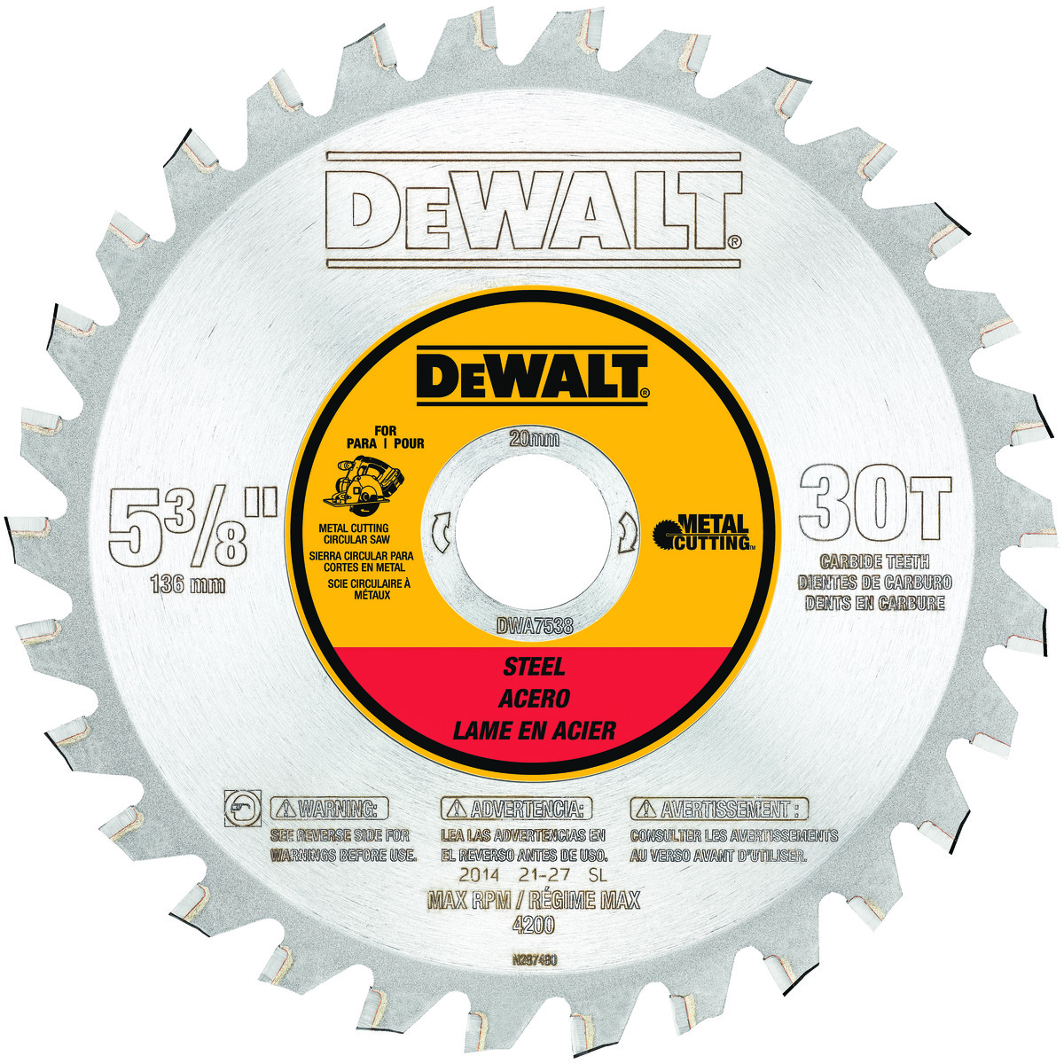 DeWALT® DWA7538 Circular Saw Blade, 5-3/8 in Dia x 0.044 in THK, Steel Blade, 30 Teeth