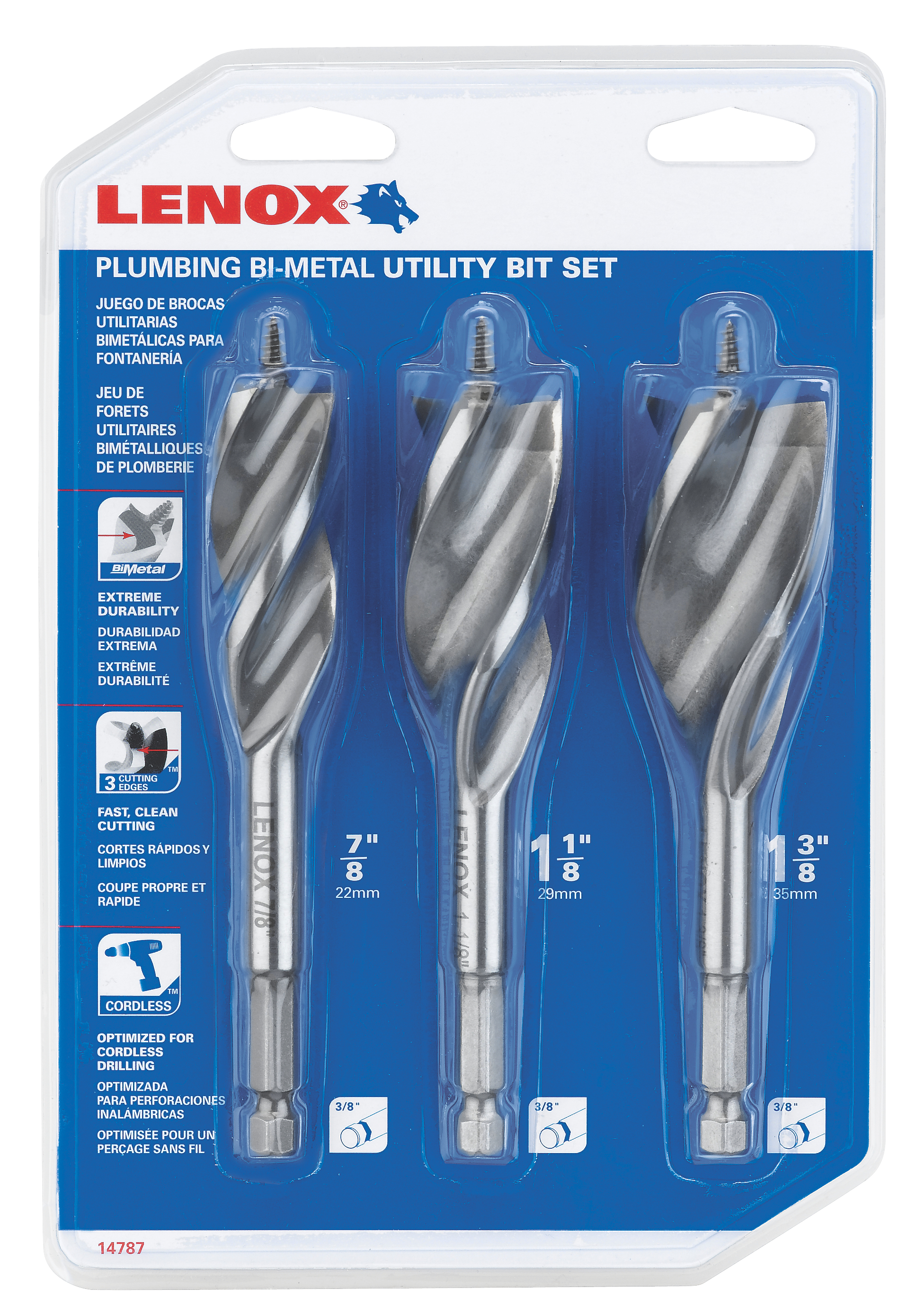 Lenox® 14787300PS Plumber's Utility Bit Kit, 7/8 in Min Drill Bit, 1-3/8 in Max Drill Bit, 3 Pieces, HSS, Uncoated