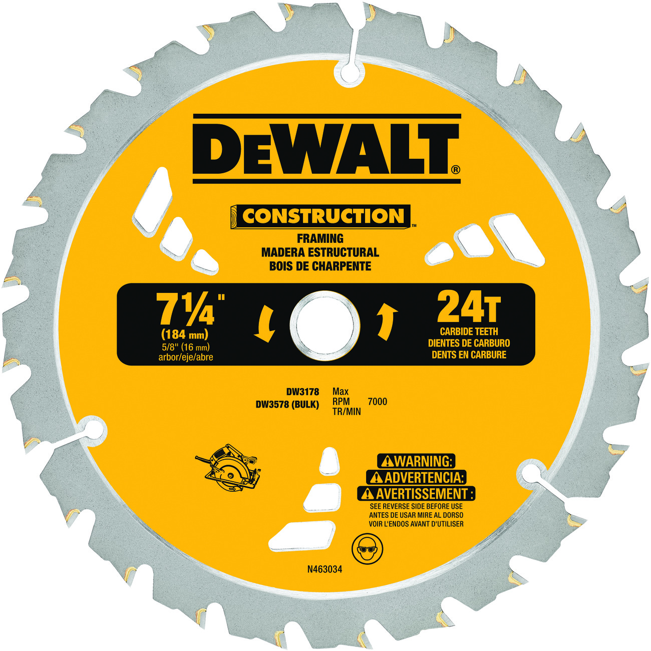 DeWALT® Guaranteed Tough® DW3178 Portable Small Diameter Thin Kerf Circular Saw Blade, 7-1/4 in Dia x 0.045 in THK, 5/8 in Arbor, Carbide Blade, 24 Teeth