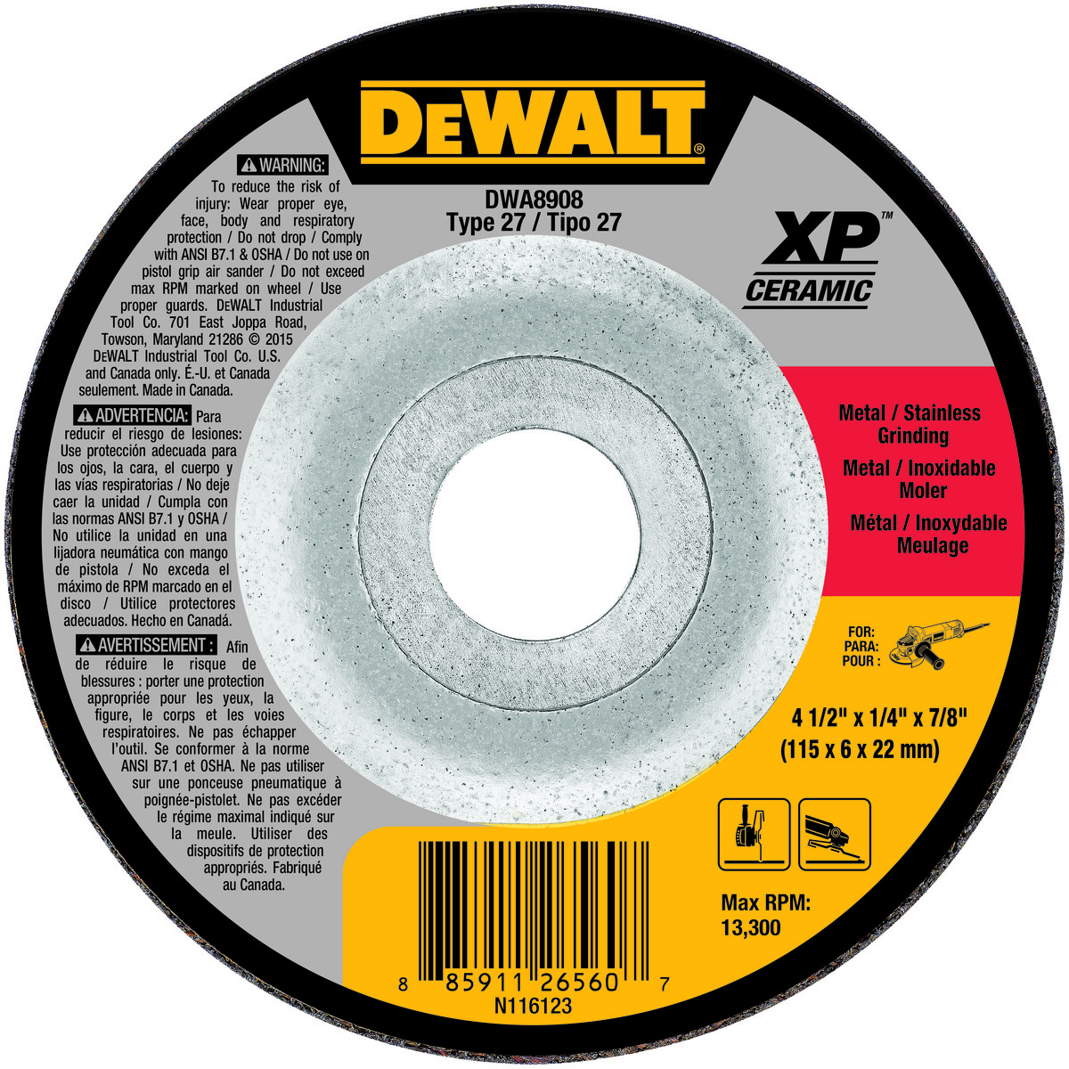 DeWALT® XP® DWA8908 Depressed Center Wheel, 4-1/2 in Dia x 1/8 in THK, 7/8 in Center Hole, SG24N Grit, Ceramic Abrasive