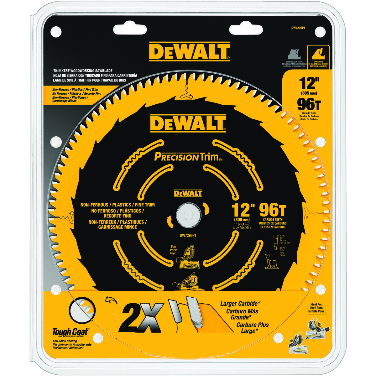 DeWALT® DW7296PT Circular Saw Blade, 12 in Dia x 0.079 in THK, 1 in Arbor, Carbide Blade, 96 Teeth