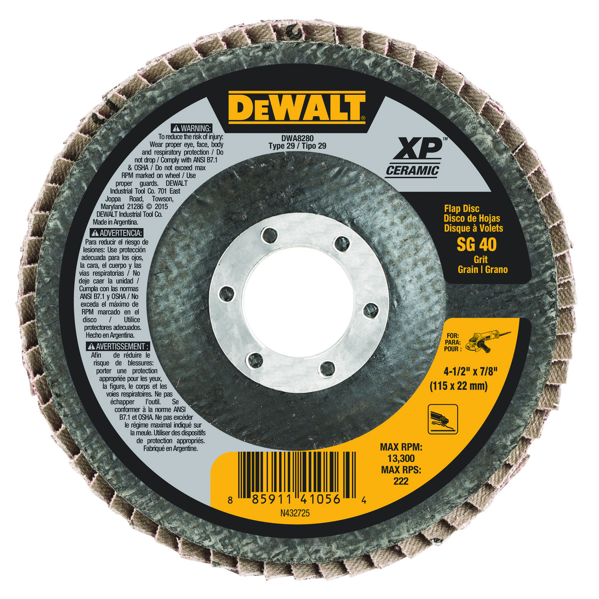 DeWALT® XP™ DWA8280 Extended Performance Coated Abrasive Flap Disc, 4-1/2 in Dia, 7/8 in Center Hole, 40 Grit, Coarse Grade, Ceramic Abrasive, Type 27 Disc