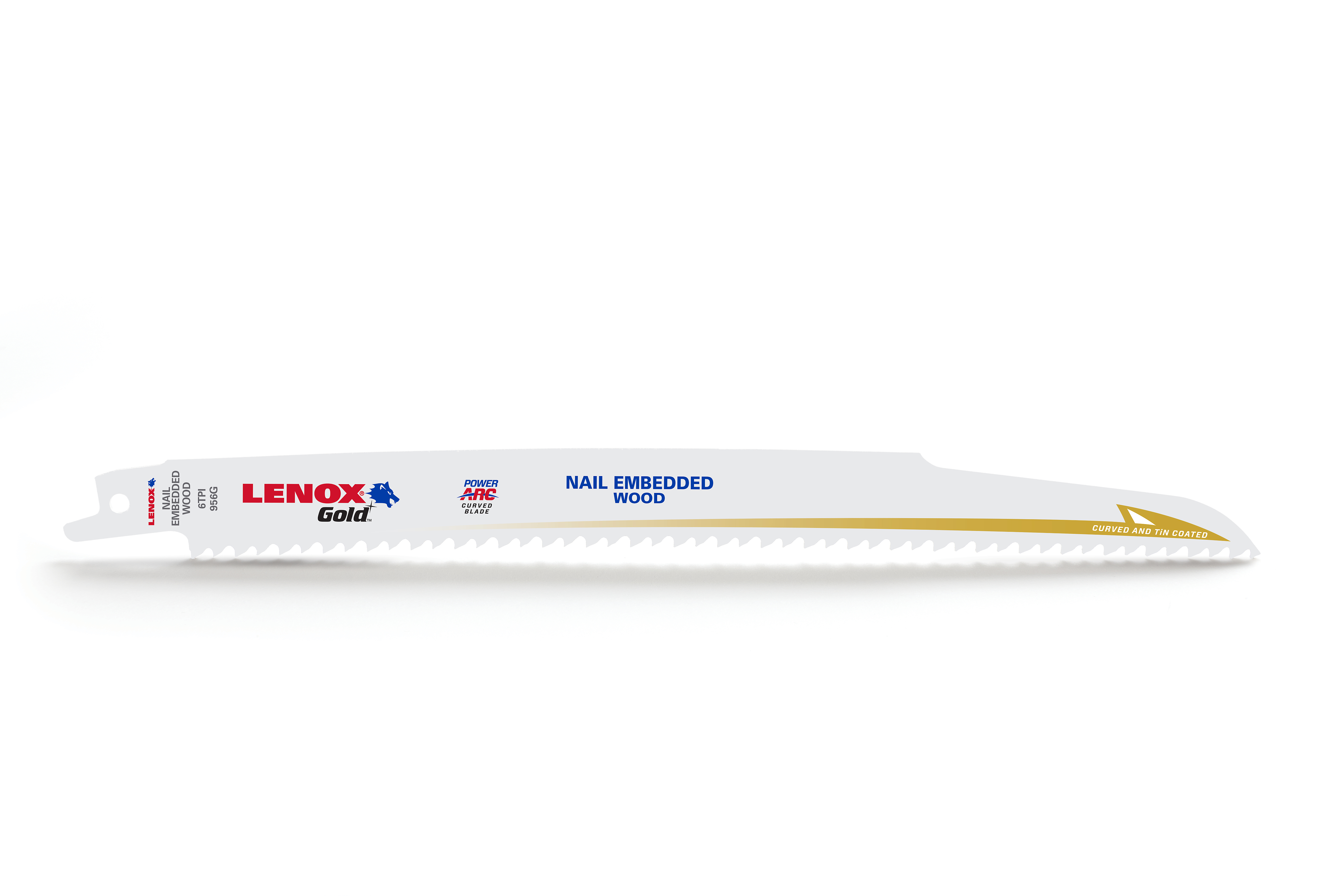 Lenox® Gold® Lazer® 21062956GR Power Arc Curved Reciprocating Saw Blade, 9 in L x 3/4 in W, 6 TPI, Steel Body, Universal/Toothed Edge Tang