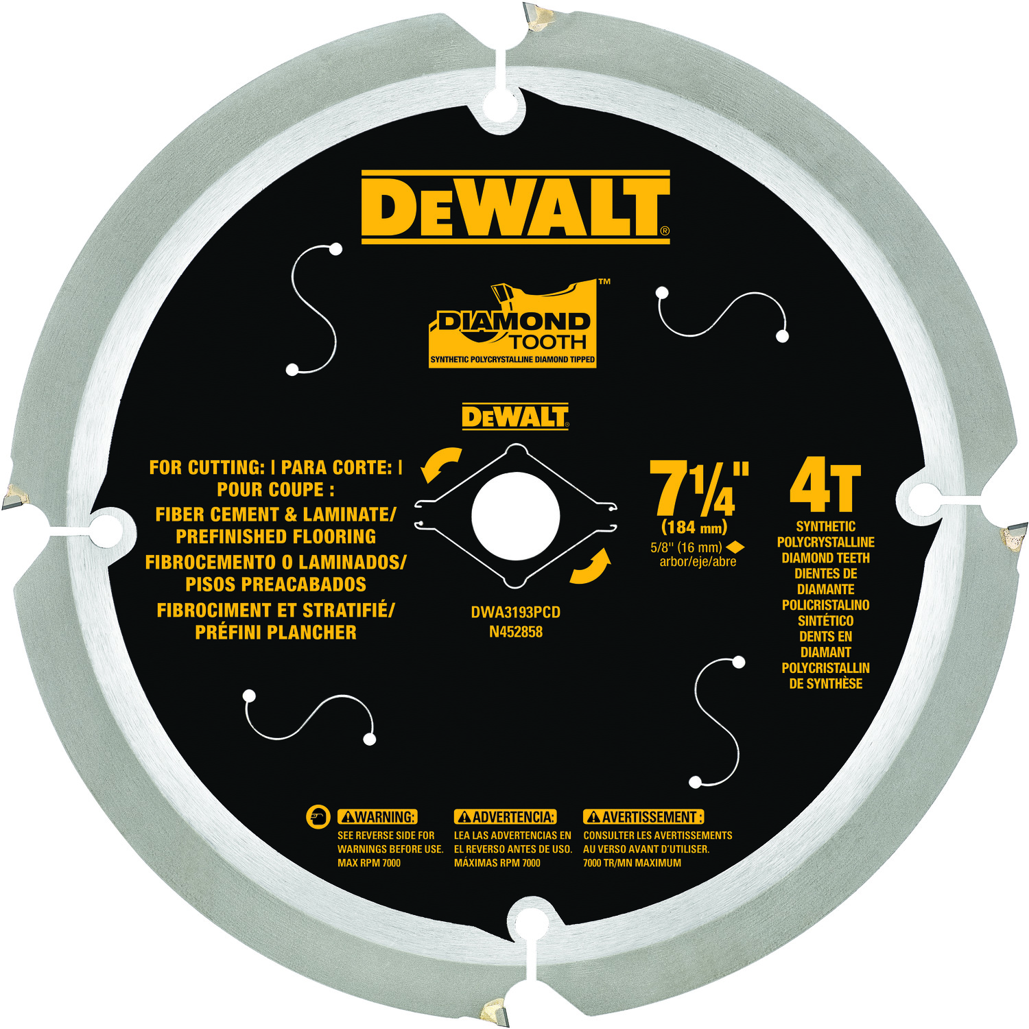 DeWALT® DWA3193PCD Circular Saw Blade, 7-1/4 in Dia x 0.055 in THK, 5/8 in Arbor, Steel Blade, 4 Teeth