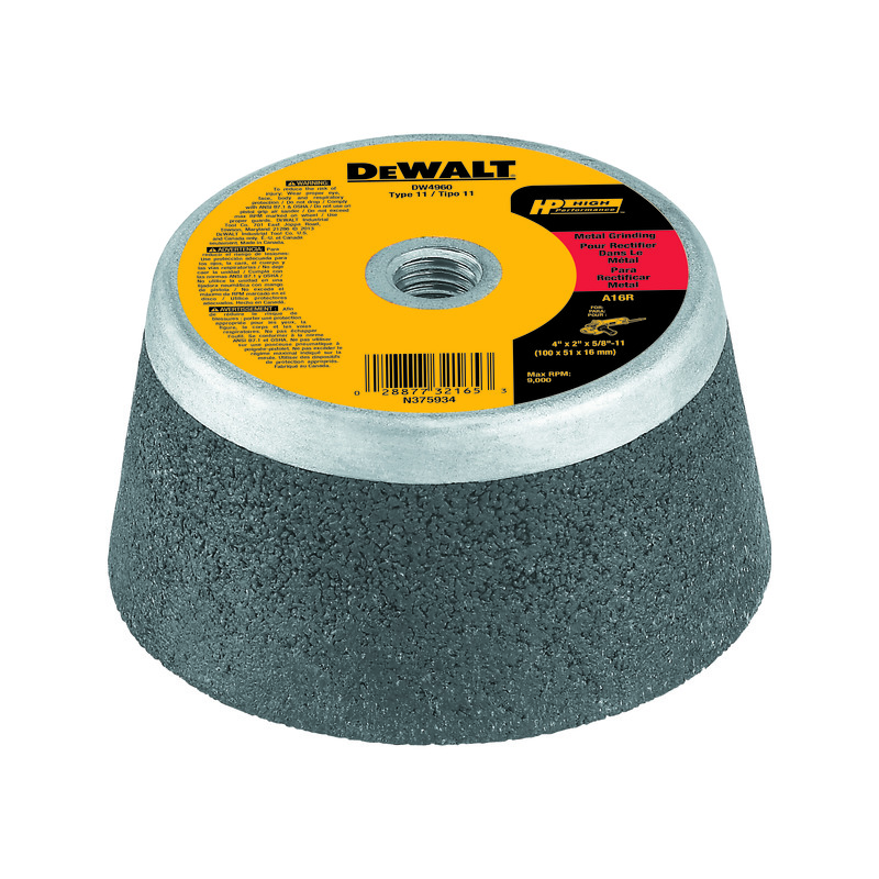 DeWALT® High Performance™ Guaranteed Tough® DW4960 Surface Grinding Cup Wheel, 4 in Dia x 2 in THK, 16 Grit, Aluminum Oxide Abrasive
