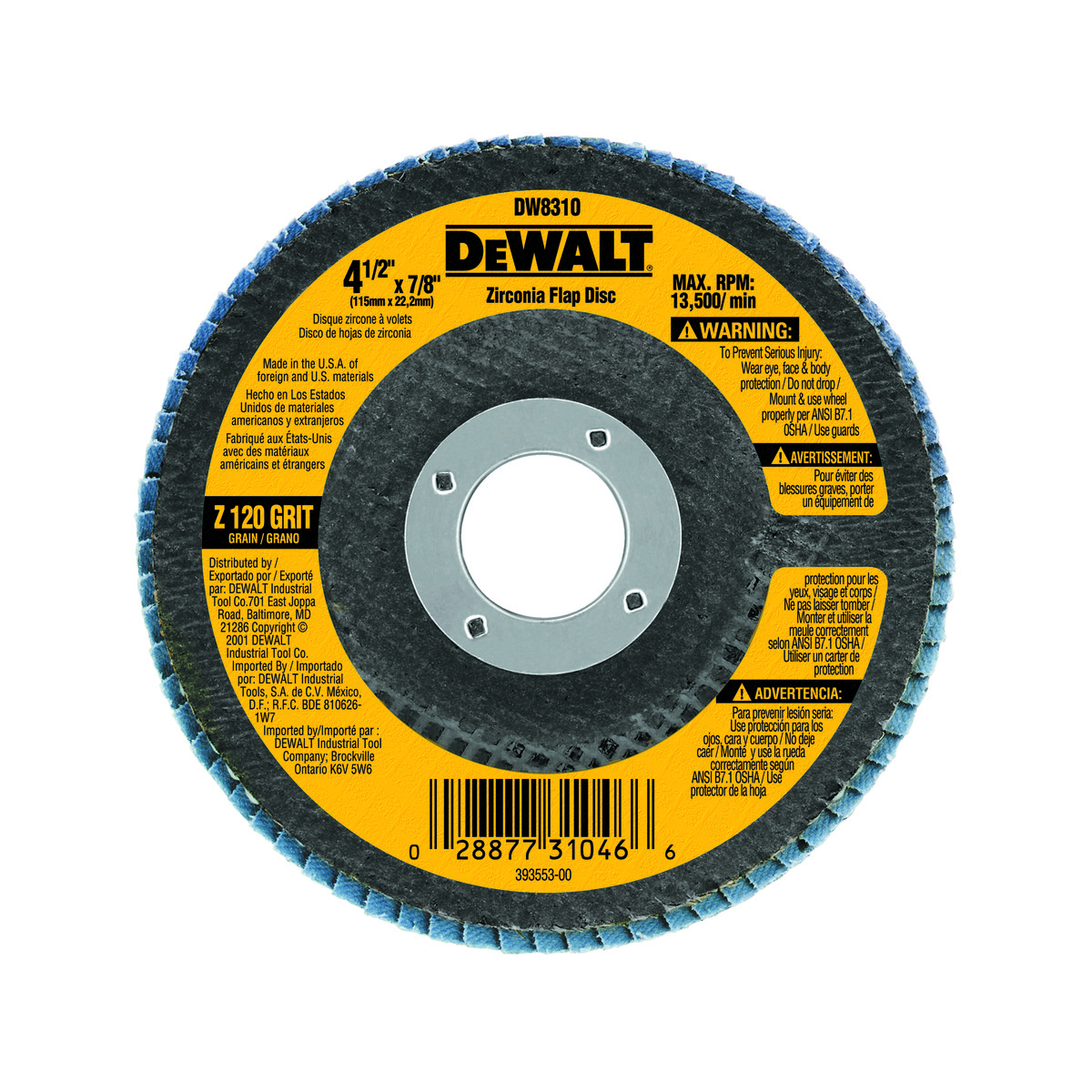 DeWALT® High Performance™ DW8310 Contaminant-Free Flap Disc, 4-1/2 in Dia Disc, 7/8 in Center Hole, 120 Grit, Fine Grade, Zirconia Alumina Abrasive, Type 29 Disc