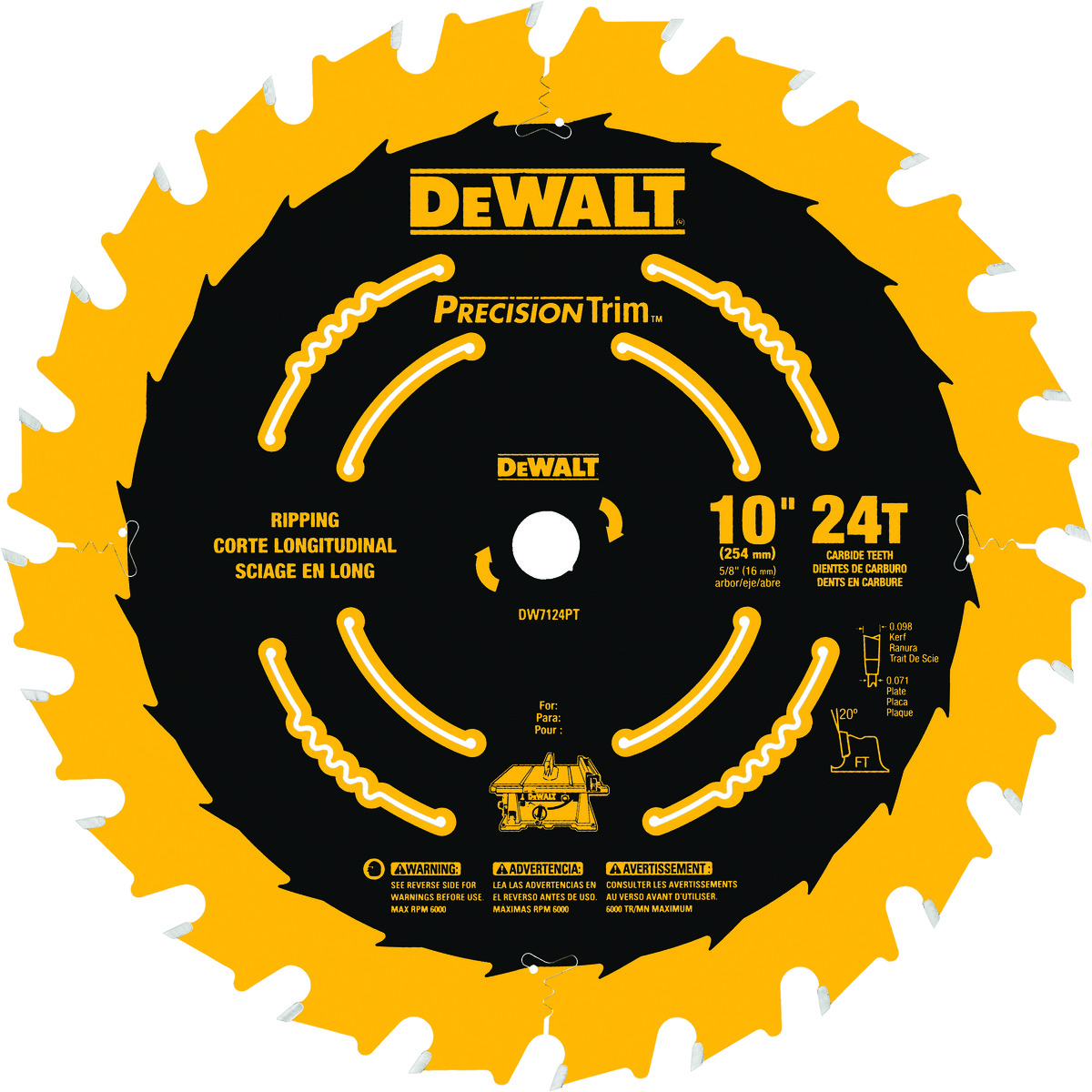 DeWALT® Precision Trim™ DW7124PT Fast Ripping Circular Saw Blade, 10 in Dia x 0.071 in THK, 5/8 in Arbor, Carbide Blade, 24 Teeth