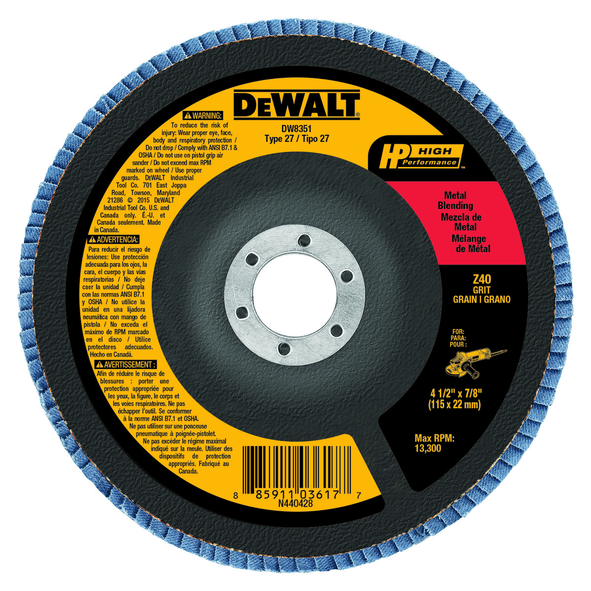 DeWALT® High Performance™ DW8351 Contaminant-Free Flap Disc, 4-1/2 in Dia Disc, 7/8 in Center Hole, 40 Grit, Extra Coarse Grade, Zirconia Alumina Abrasive, Type 27 Disc