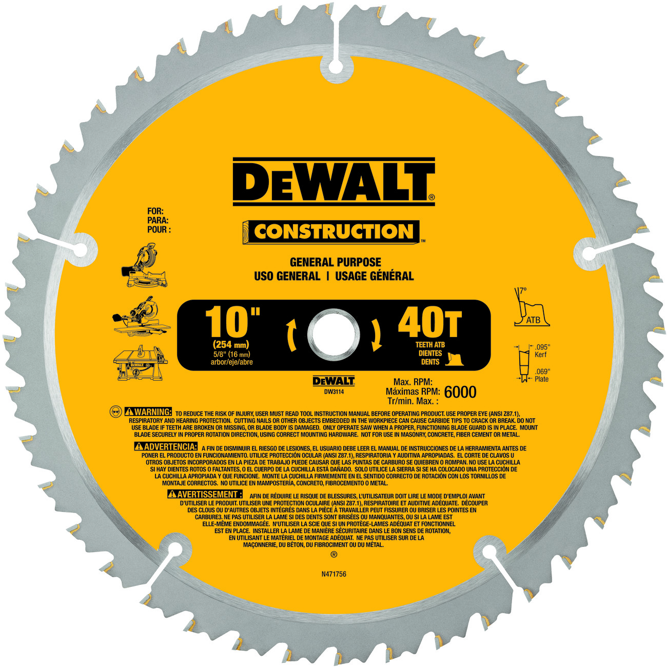DeWALT® Guaranteed Tough® DW3114 Large Diameter Thin Kerf Circular Saw Blade, 10 in Dia x 0.069 in THK, 5/8 in Arbor, Carbide Blade, 40 Teeth