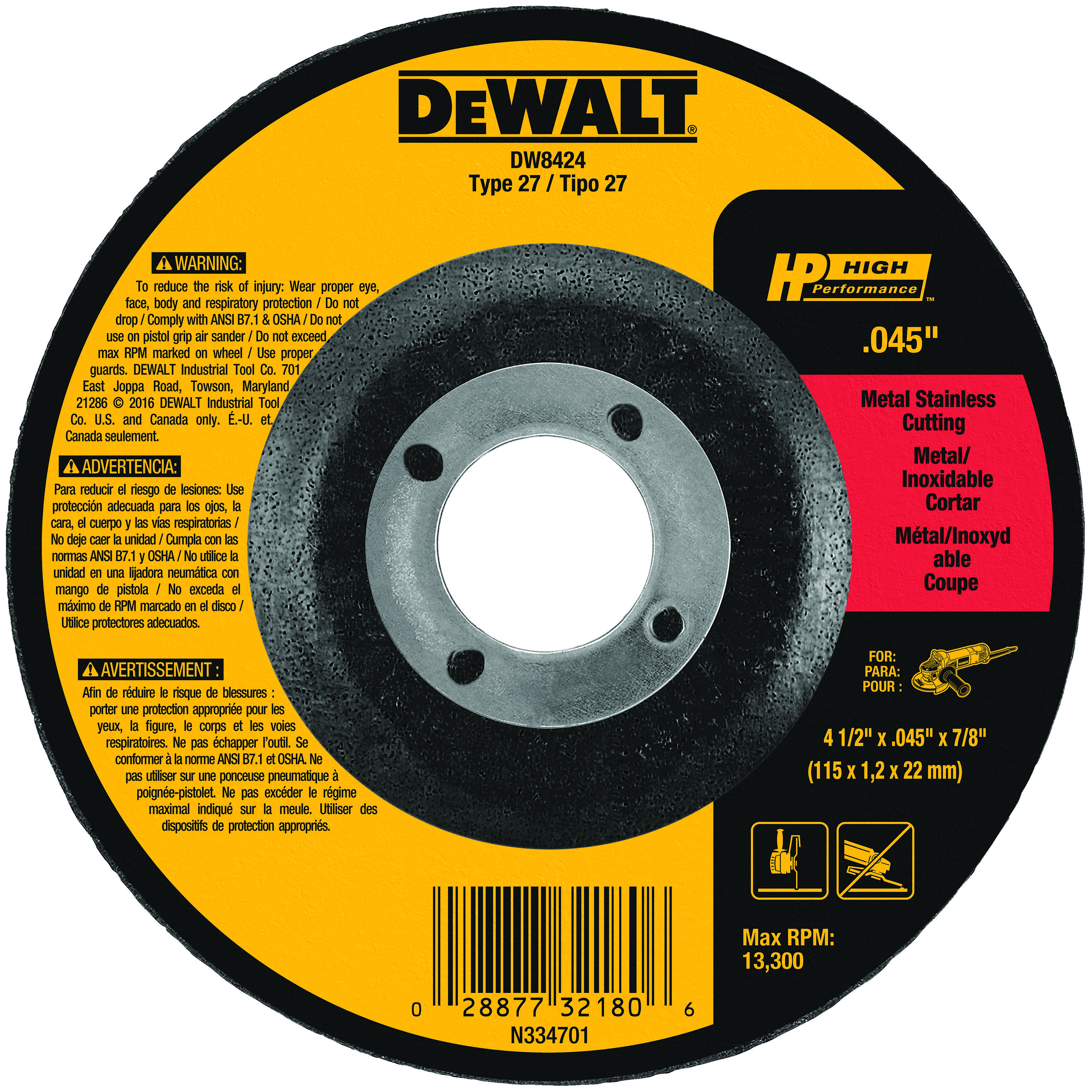 DeWALT® High Performance™ Guaranteed Tough® DW8424 Flat Depressed Center Grinding Wheel, 4 in Dia x 0.045 in THK, 5/8 in Center Hole, 60 Grit, Aluminum Oxide Abrasive