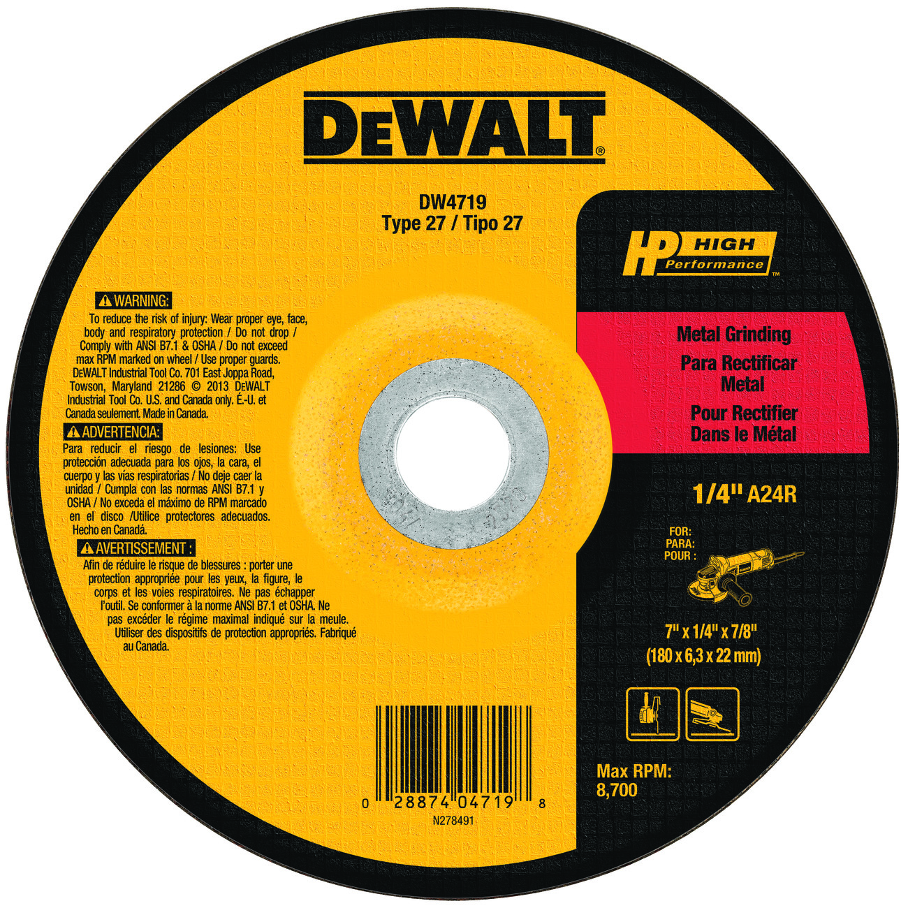 DeWALT® High Performance™ Guaranteed Tough® DW4719 Flat Depressed Center Grinding Wheel, 7 in Dia x 1/4 in THK, 7/8 in Center Hole, 24 Grit, Aluminum Oxide Abrasive